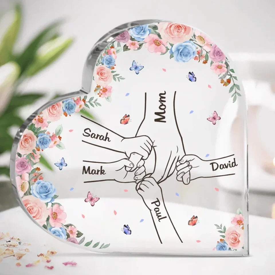 These Hands Hold My Whole World - Family Personalized Custom Heart Shaped Acrylic Plaque - Gift For Mom, Grandma