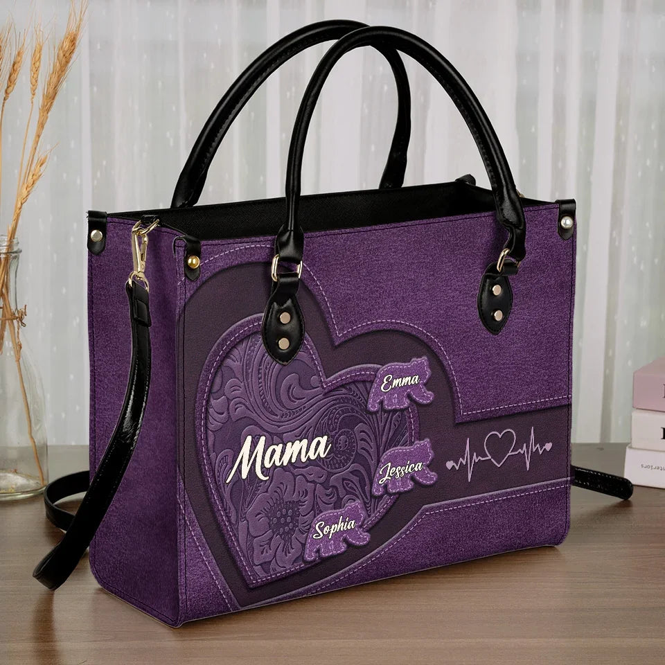 Grandkids Are The Treasures Of My Heart And The Joy Of My Life - Family Personalized Custom Leather Handbag - Gift For Mom, Grandma