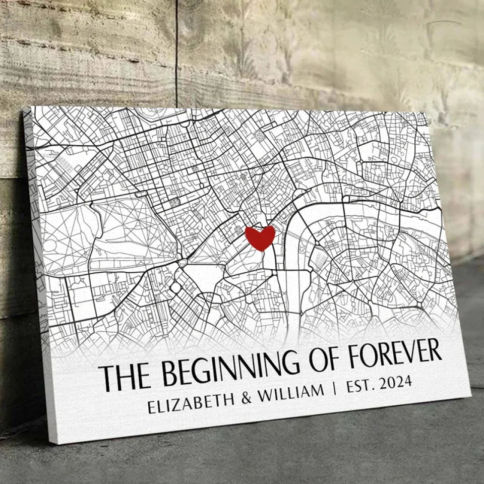 Location Map The Beginning Of Forever - Couple Personalized Custom Map Horizontal Canvas - Map Art, Gift For Husband Wife, Anniversary, Long Distance Relationship