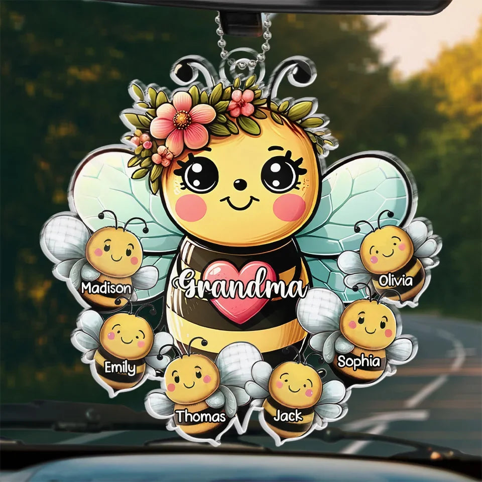 Like A Bee, Grandma Fills Our Lives With Sweetness - Family Personalized Custom Car Ornament - Acrylic Custom Shaped - Gift For Mom, Grandma