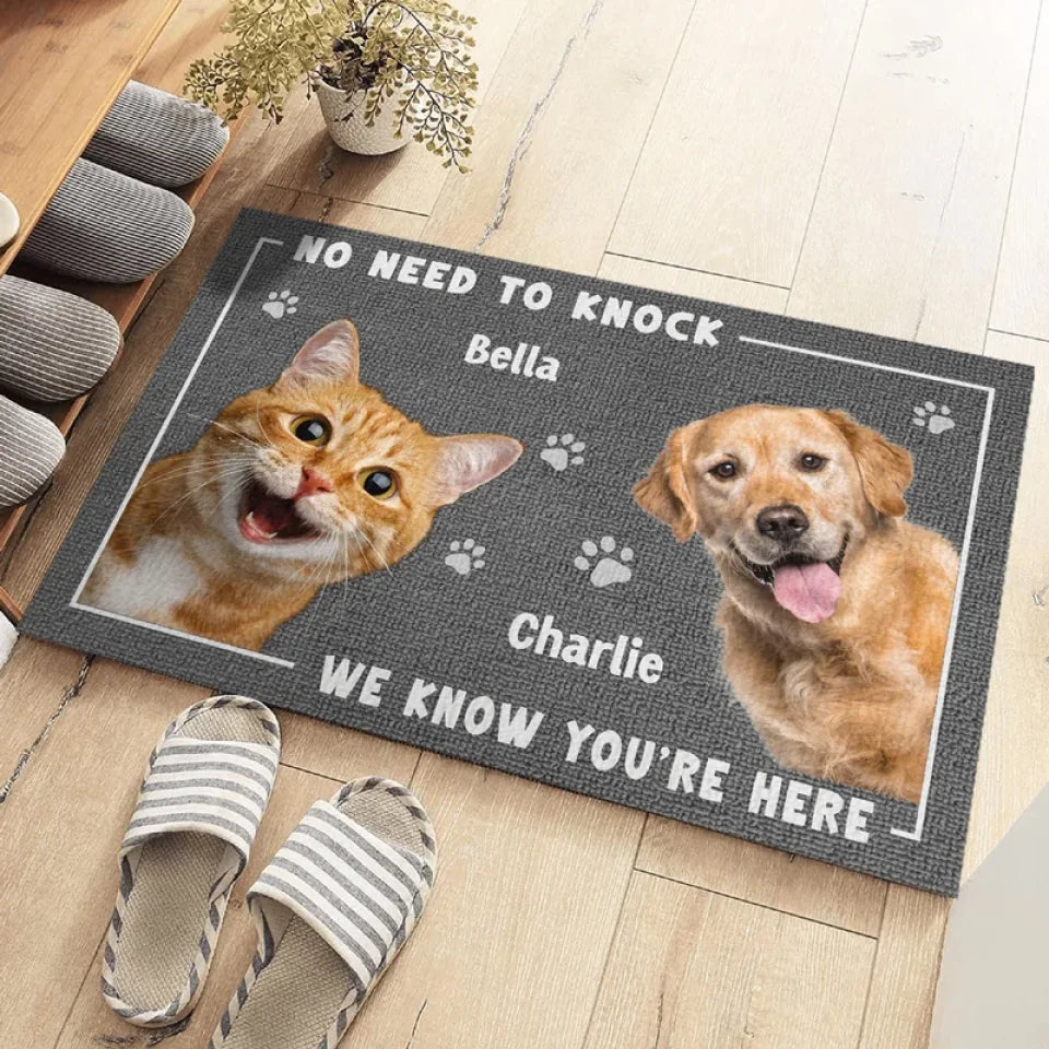 Custom Photo No Need To Knock - Dog & Cat Personalized Custom Home Decor Decorative Mat - House Warming Gift For Pet Owners, Pet Lovers