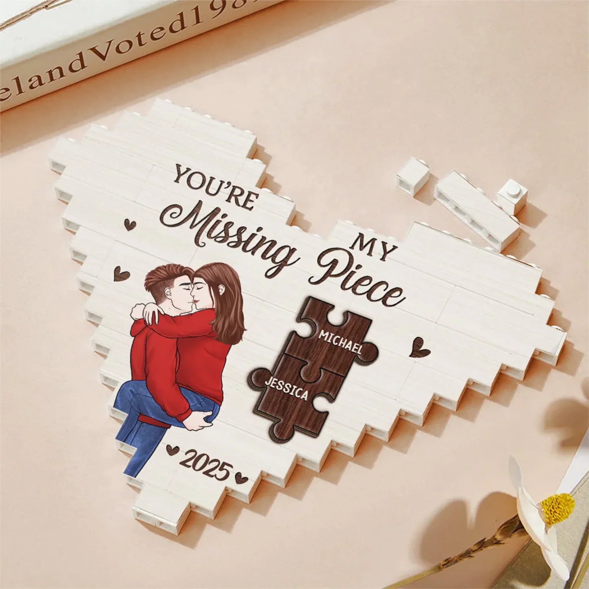 You're My Missing Piece  - Couple Personalized Custom Heart Shaped Building Brick Blocks - Gift For Husband Wife, Anniversary