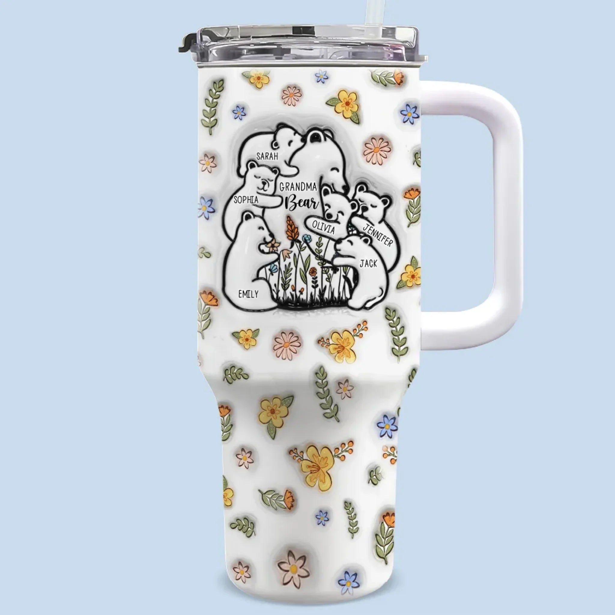 Love Grows Deeper With The Joy Of Grandkids - Family Personalized Custom 3D Inflated Effect Printed 40 Oz Stainless Steel Tumbler With Handle - Gift For Mom, Grandma