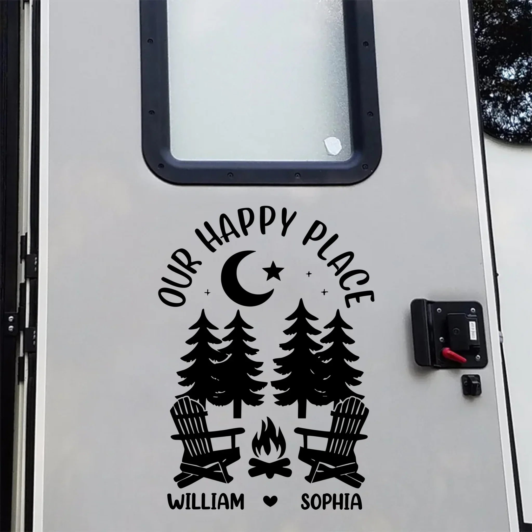 Our Happy Place - Camping Personalized Custom RV Decal - Gift For Yourself, Best Friends, Siblings, Family Members, Camping Lovers