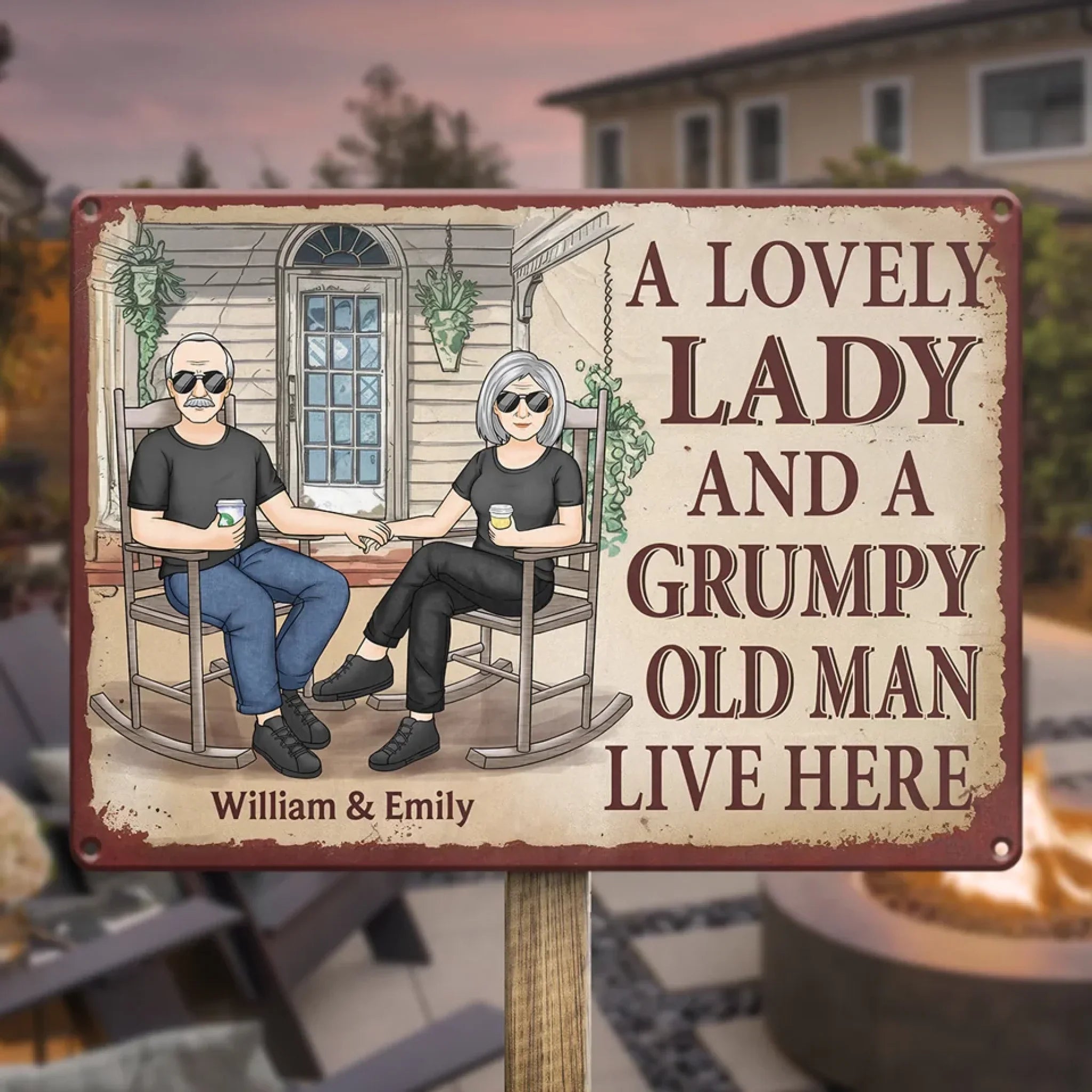 A Lovely Lady And A Grumpy Old Man Live Here - Couple Personalized Custom Home Decor Metal Sign - House Warming Gift For Husband Wife, Anniversary