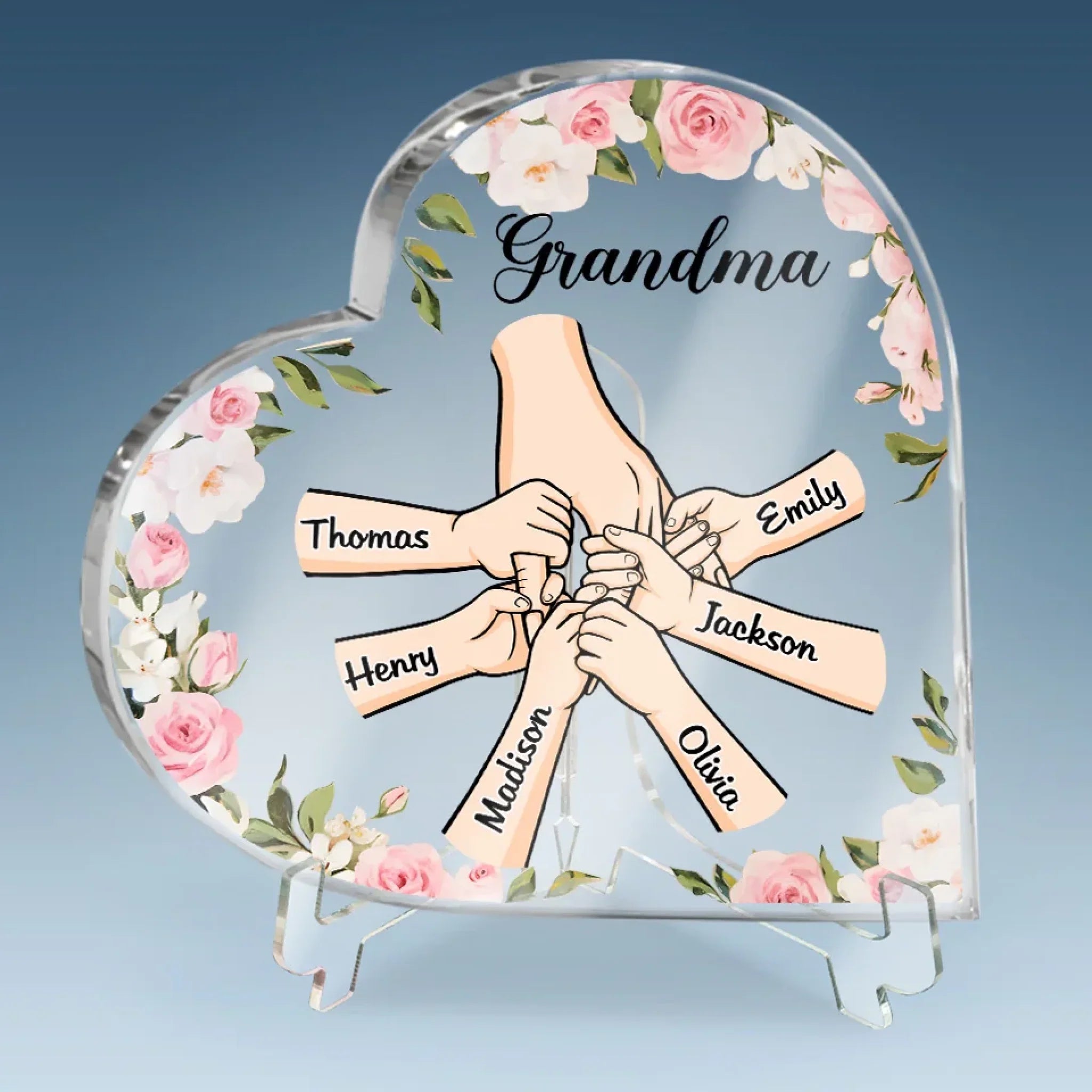 Her Hands May Be Small, But They Hold A World Of Love - Family Personalized Custom Heart Shaped Acrylic Plaque - Gift For Mom, Grandma