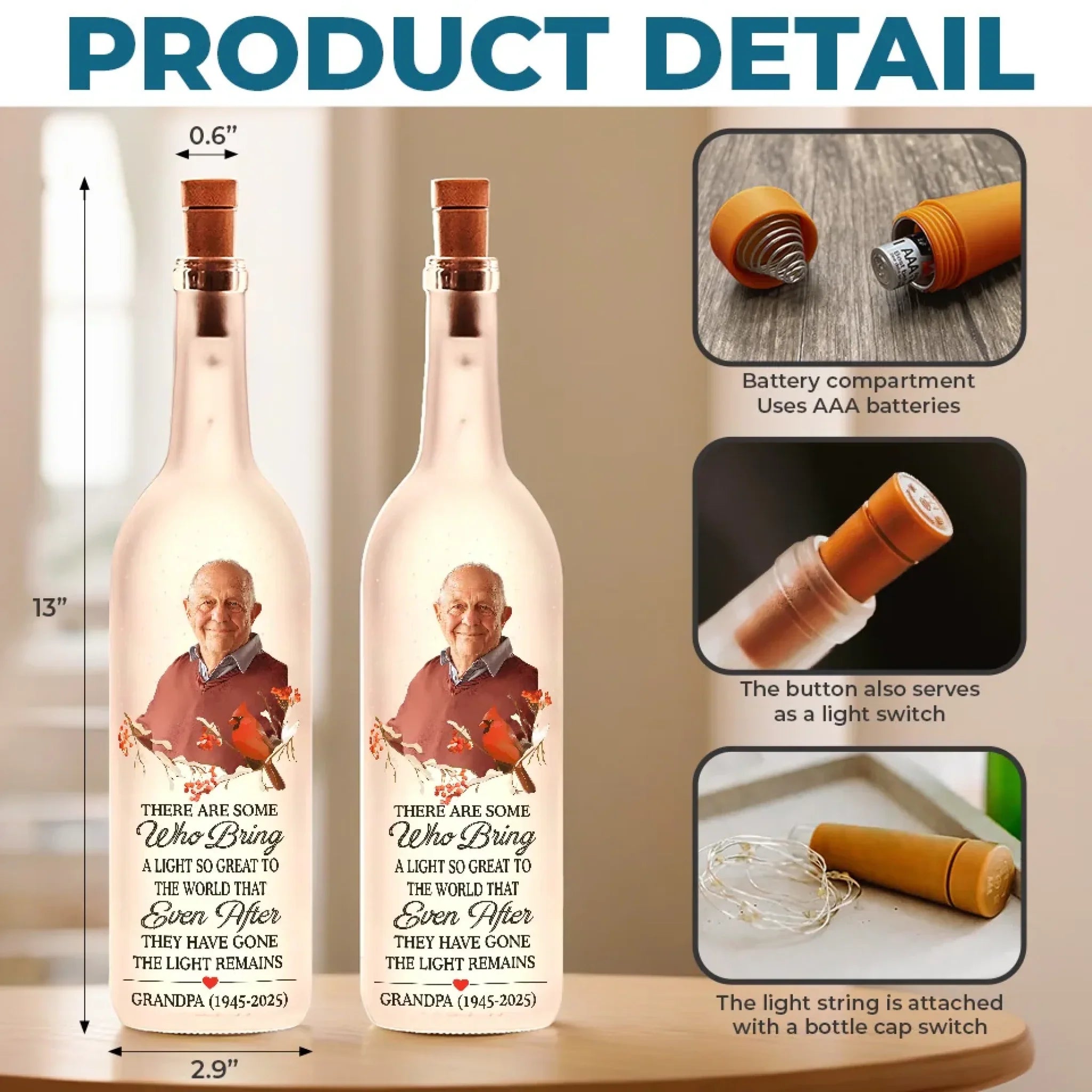 Custom Photo Always In My Heart, Never Far Away - Memorial Personalized Custom Bottle Lamp - Sympathy Gift For Family Members