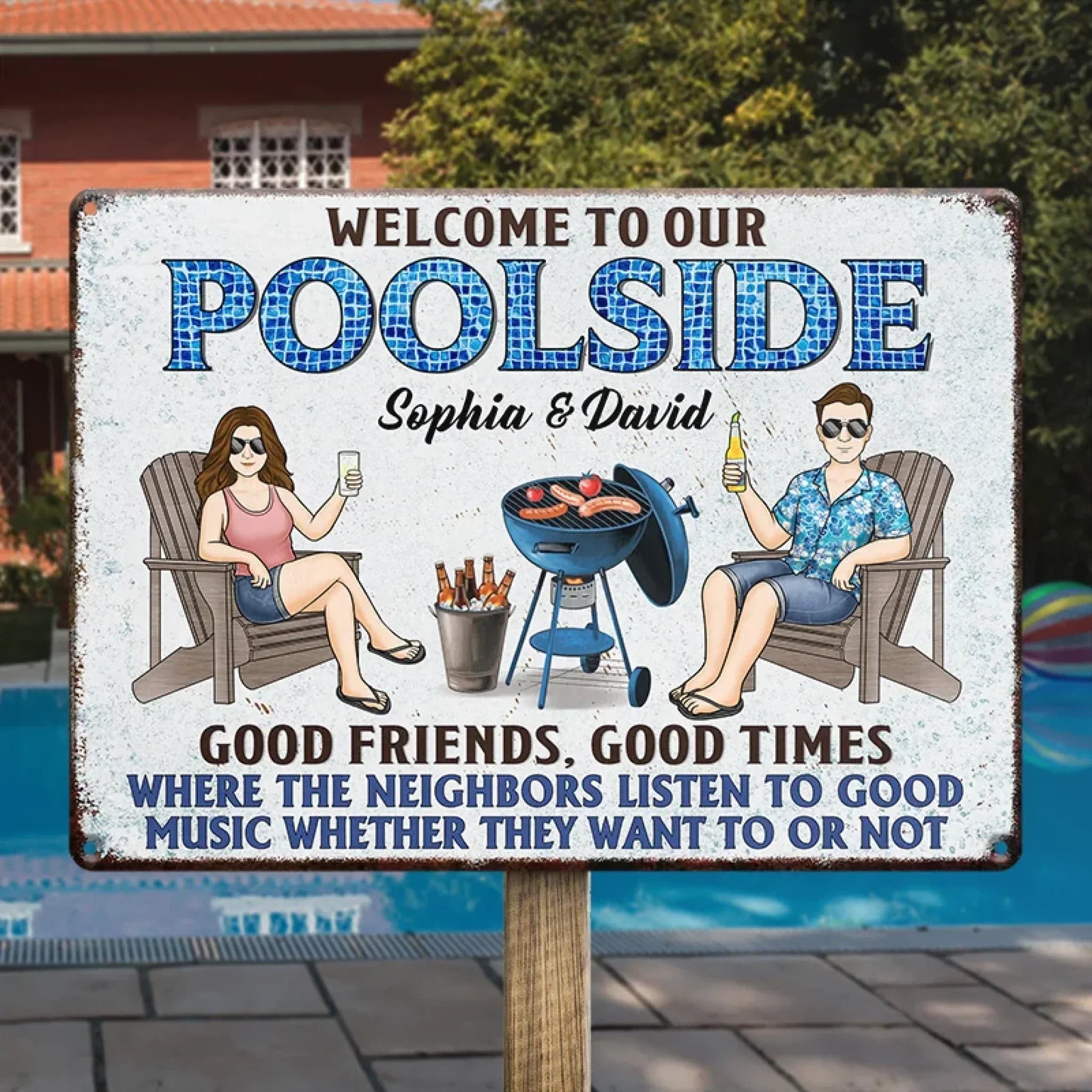 Splash, Sip, And Stay A While - Couple Personalized Custom Home Decor Metal Sign - House Warming Gift For Yourself, Husband Wife, Best Friends, Family Members