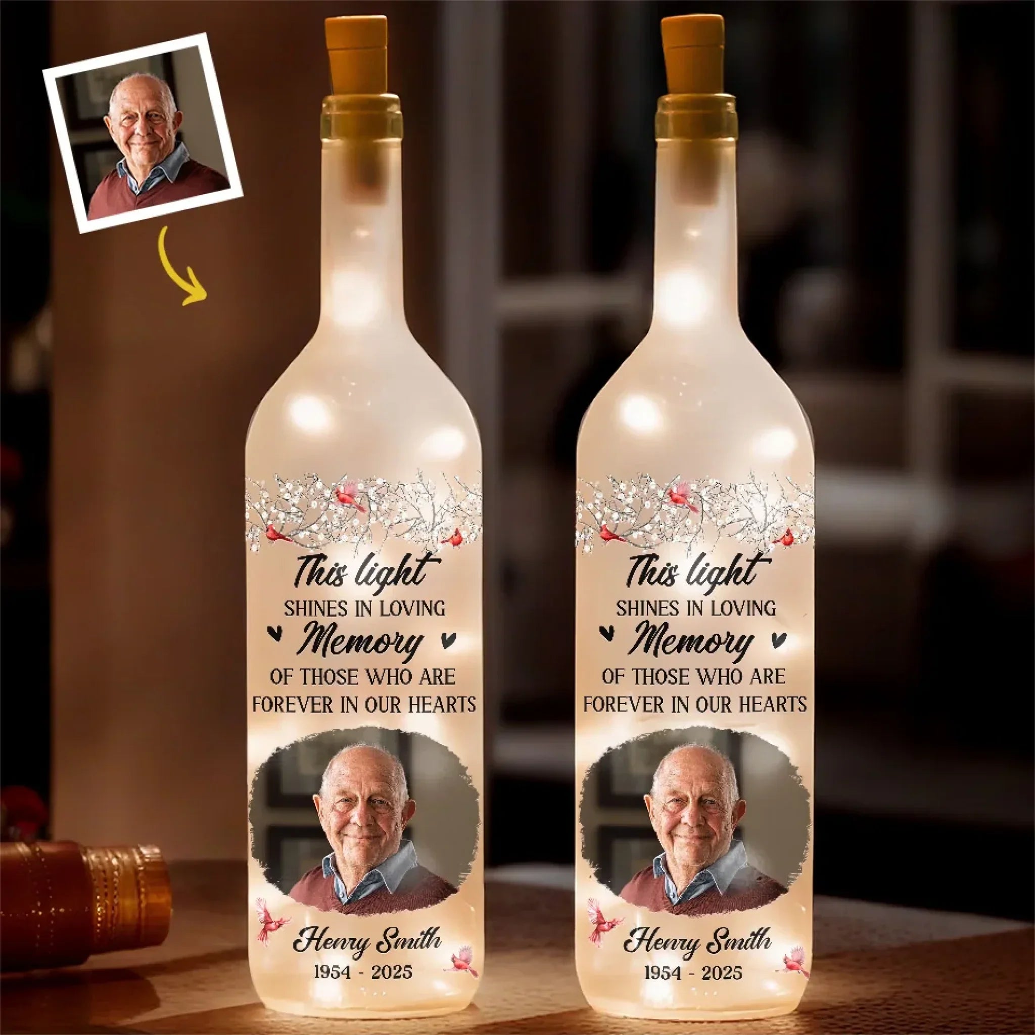 Custom Photo Time Passes, But Love Remains - Memorial Personalized Custom Bottle Lamp - Sympathy Gift For Family Members