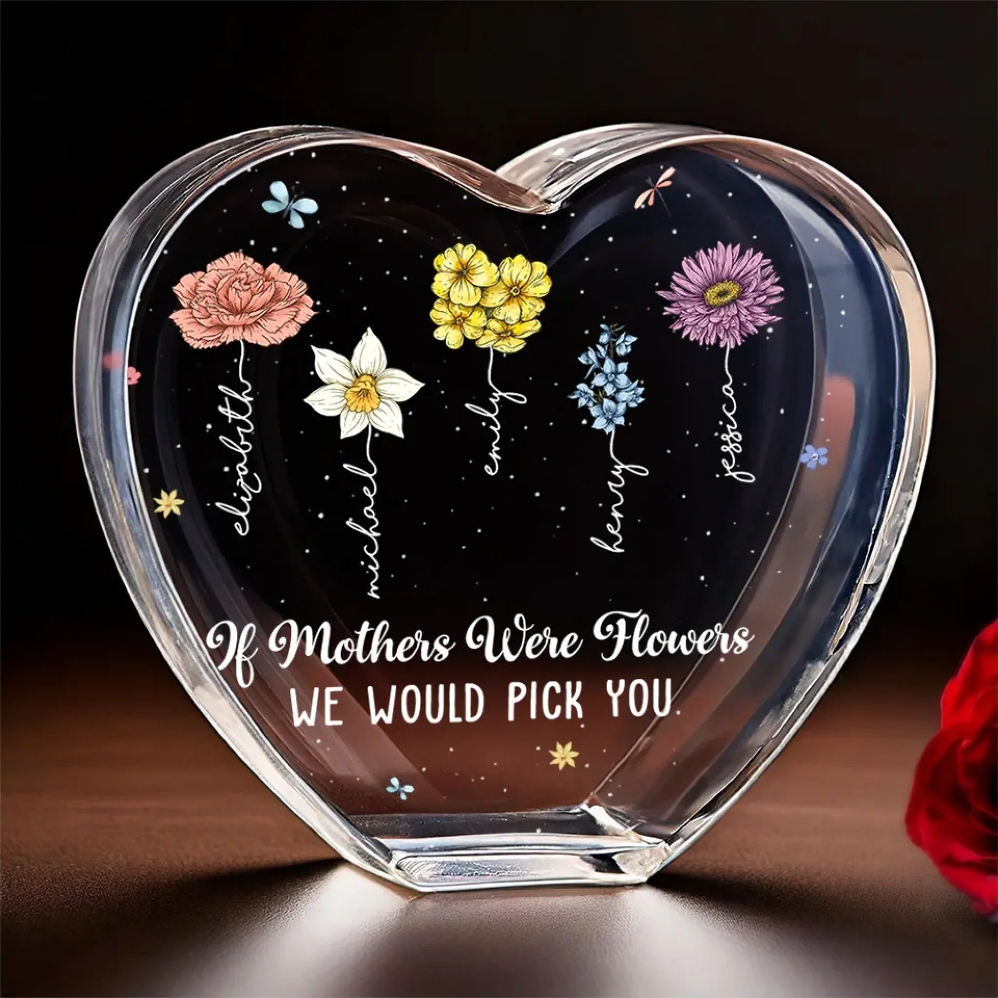 Flowers Bloom In Mother's Garden Of Love - Family Personalized Custom 3D Crystal Heart Shaped - Mother's Day, Gift For Mom, Daughter