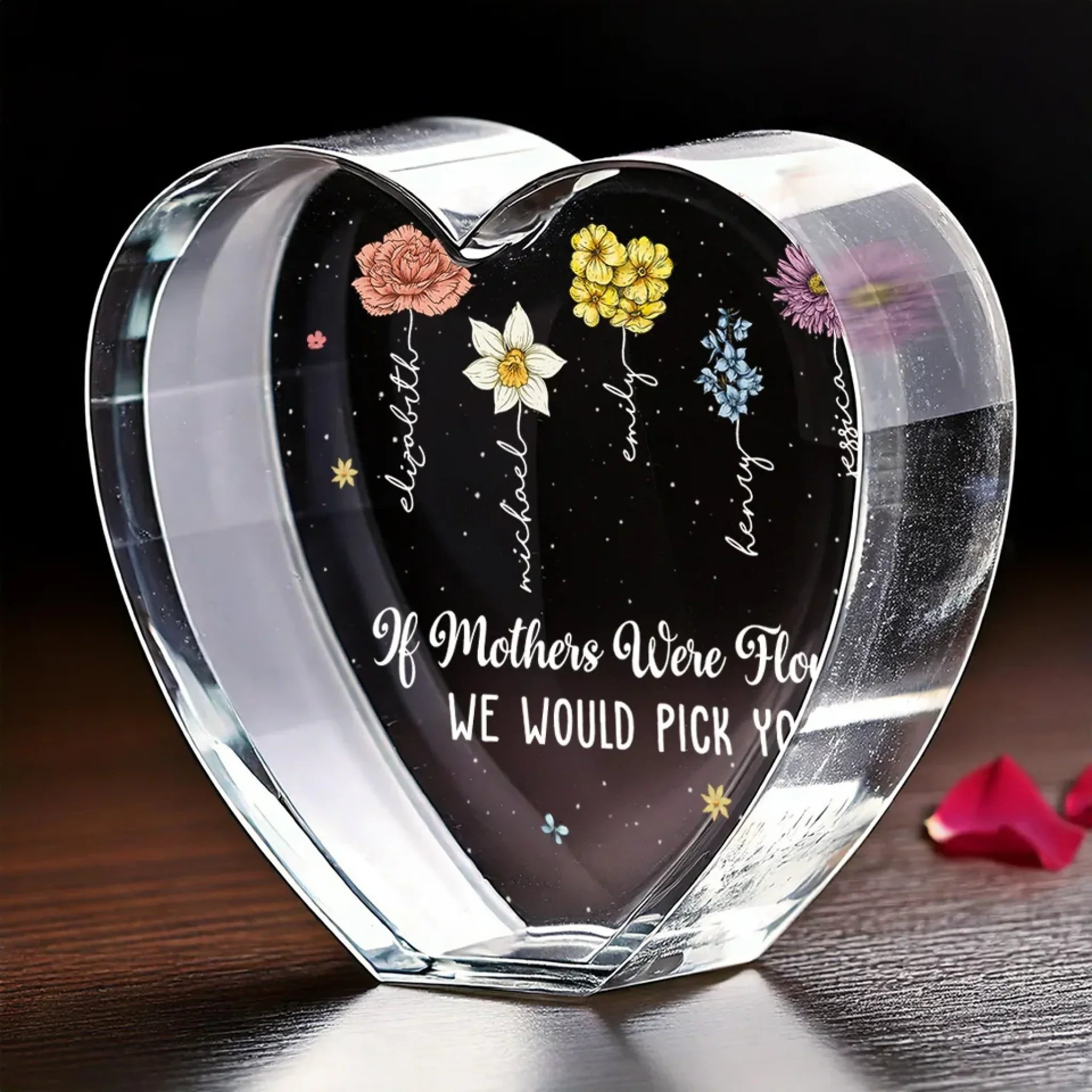 Flowers Bloom In Mother's Garden Of Love - Family Personalized Custom 3D Crystal Heart Shaped - Mother's Day, Gift For Mom, Daughter