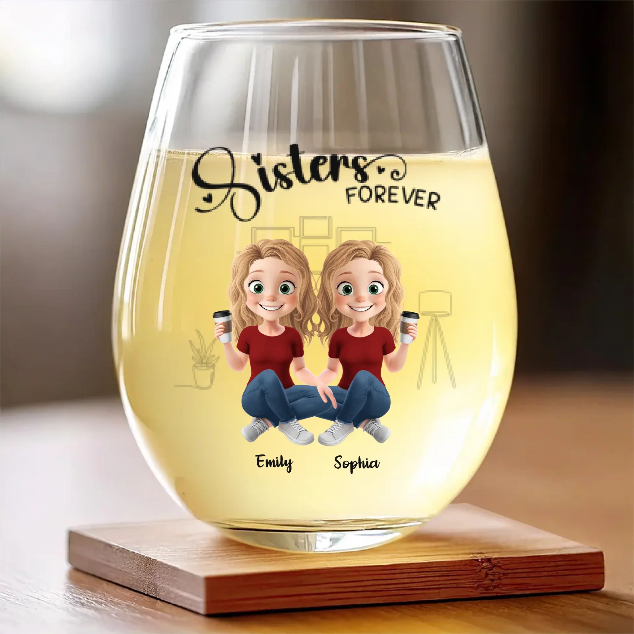 Sisters Forever - Bestie Personalized Custom Wine Glass - Gift For Best Friends, BFF, Sisters