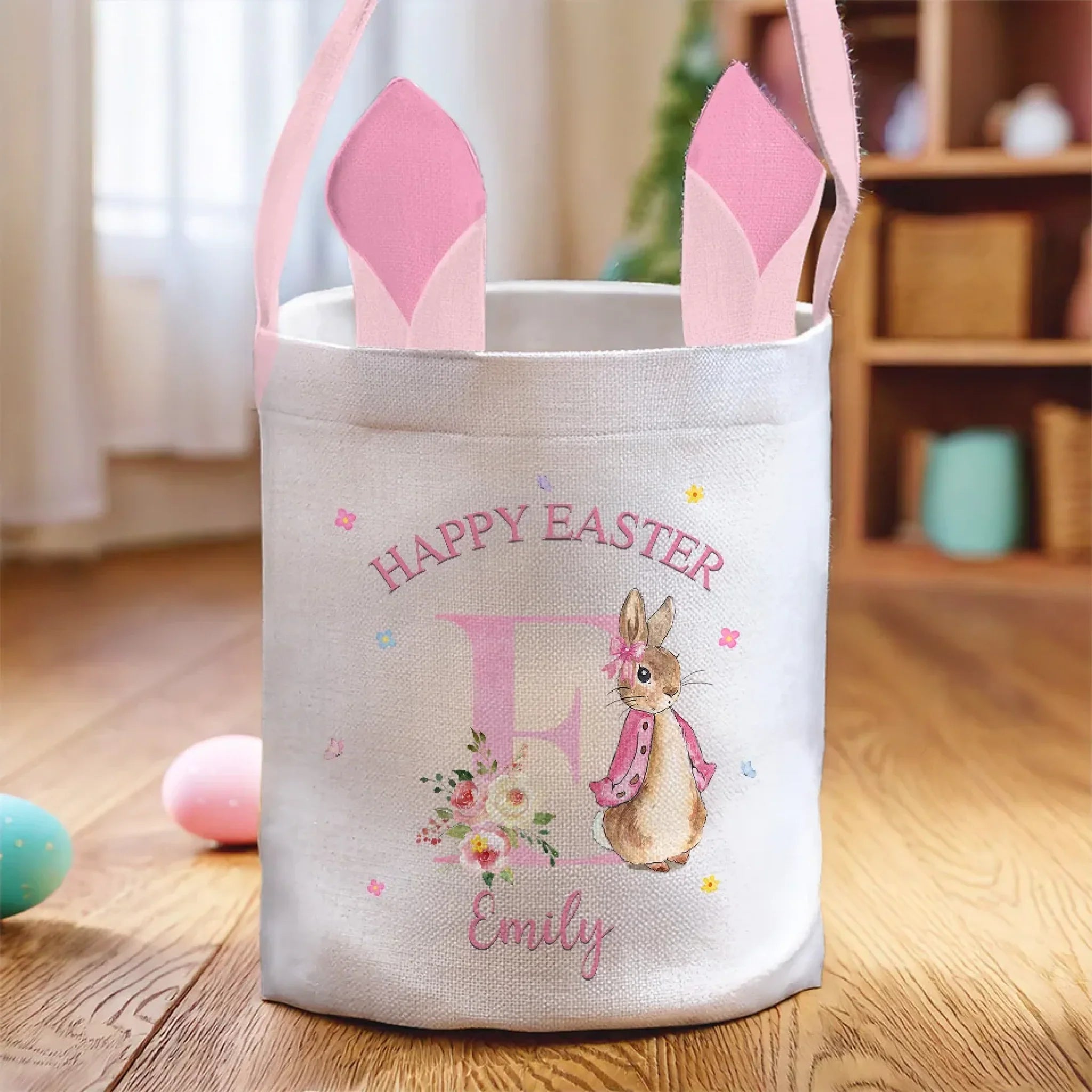 Springtime Magic, One Hop At A Time - Family Personalized Custom Bunny Basket, Tote With Bunny Ears  - Easter Gift For Kids Egg Hunt, Family Members