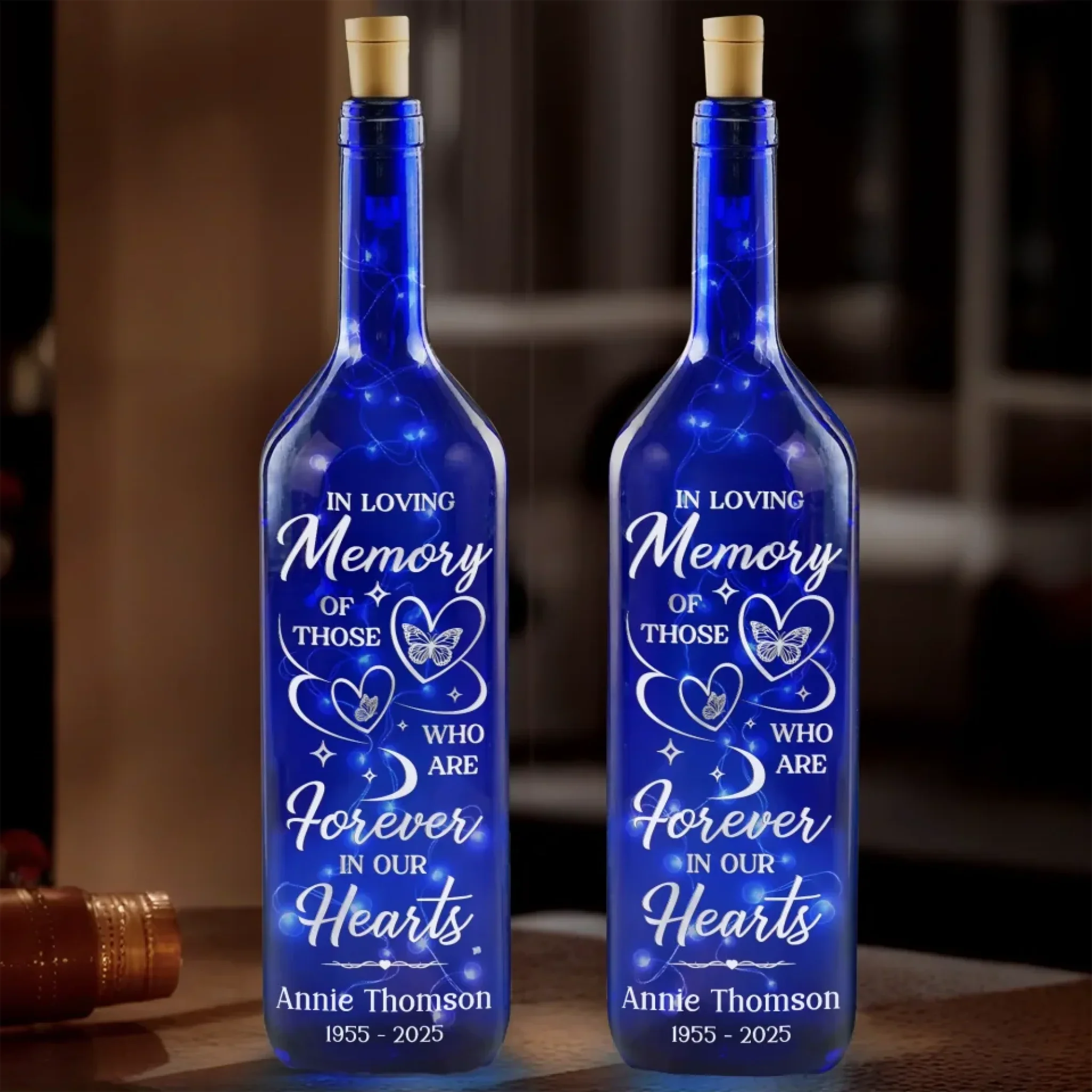 Forever Remembered, Forever Loved - Memorial Personalized Custom Blue Bottle Lamp - Sympathy Gift For Family Members