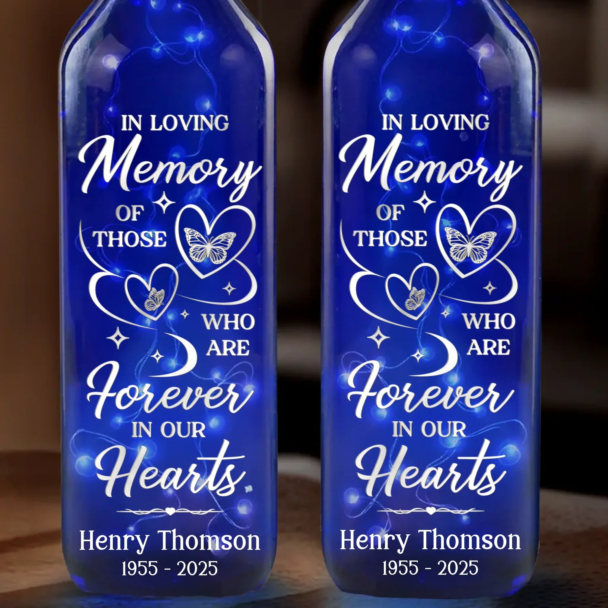 Forever Remembered, Forever Loved - Memorial Personalized Custom Blue Bottle Lamp - Sympathy Gift For Family Members