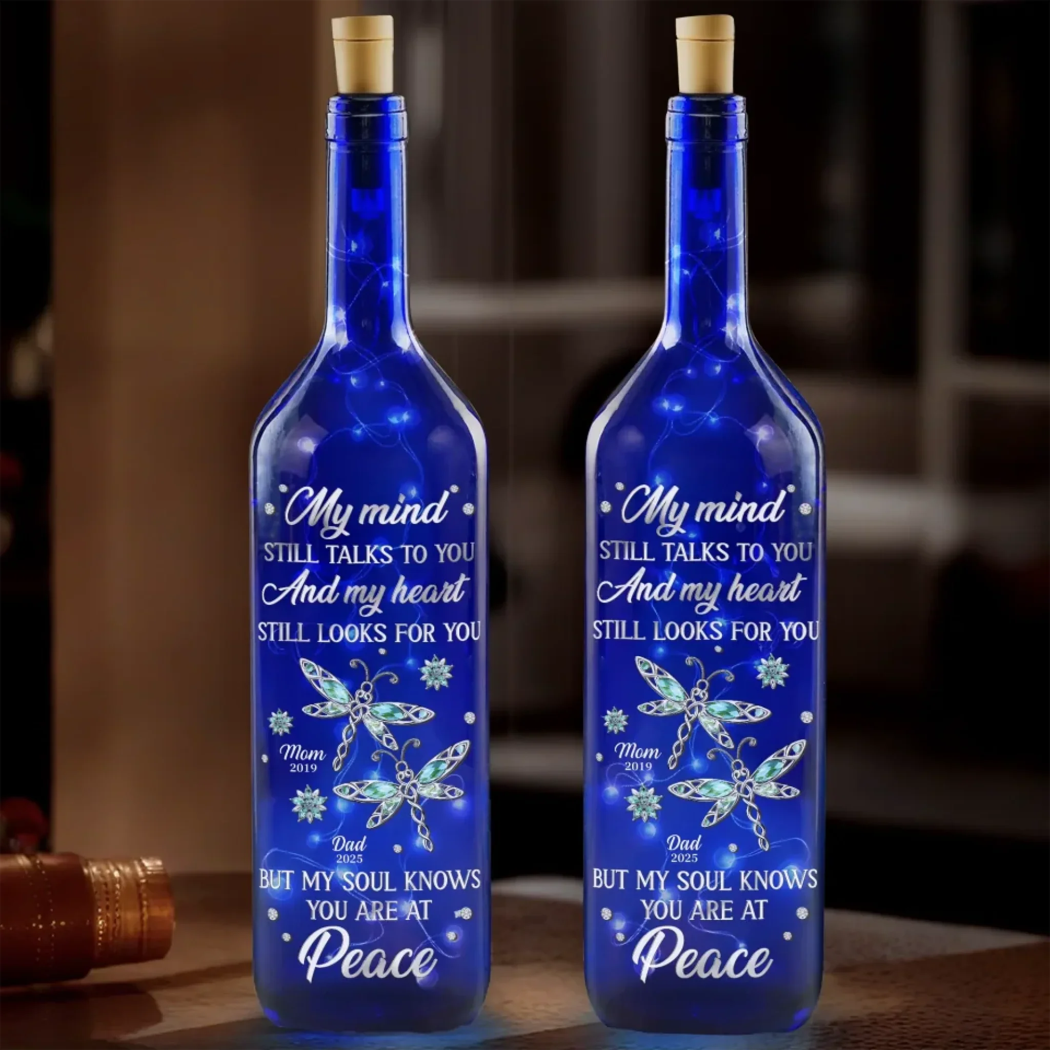 A Soul At Peace, A Love That Never Ends - Memorial Personalized Custom Blue Bottle Lamp - Sympathy Gift For Family Members