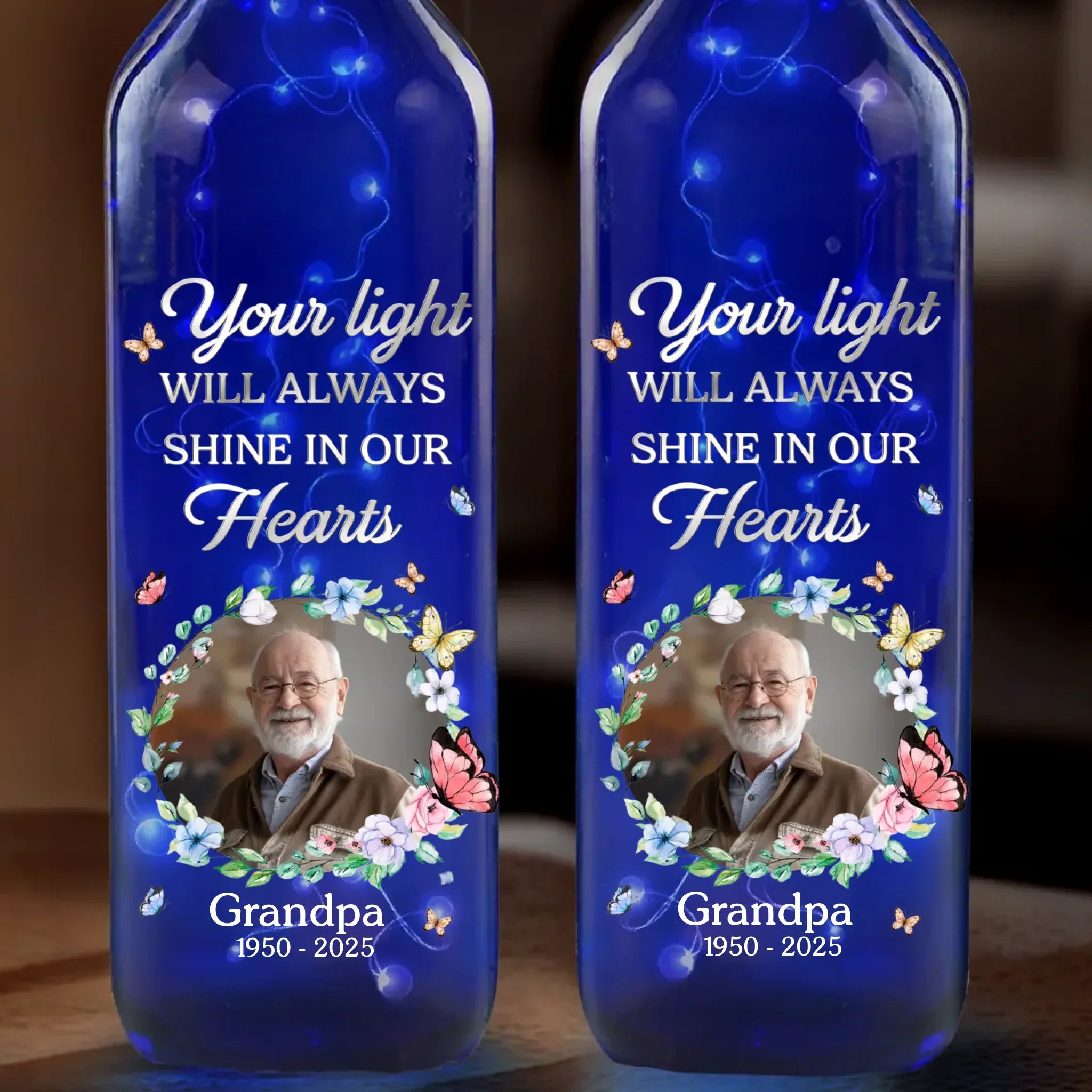 Custom Photo In Loving Memory, A Light That Never Dims - Memorial Personalized Custom Blue Bottle Lamp - Sympathy Gift For Family Members