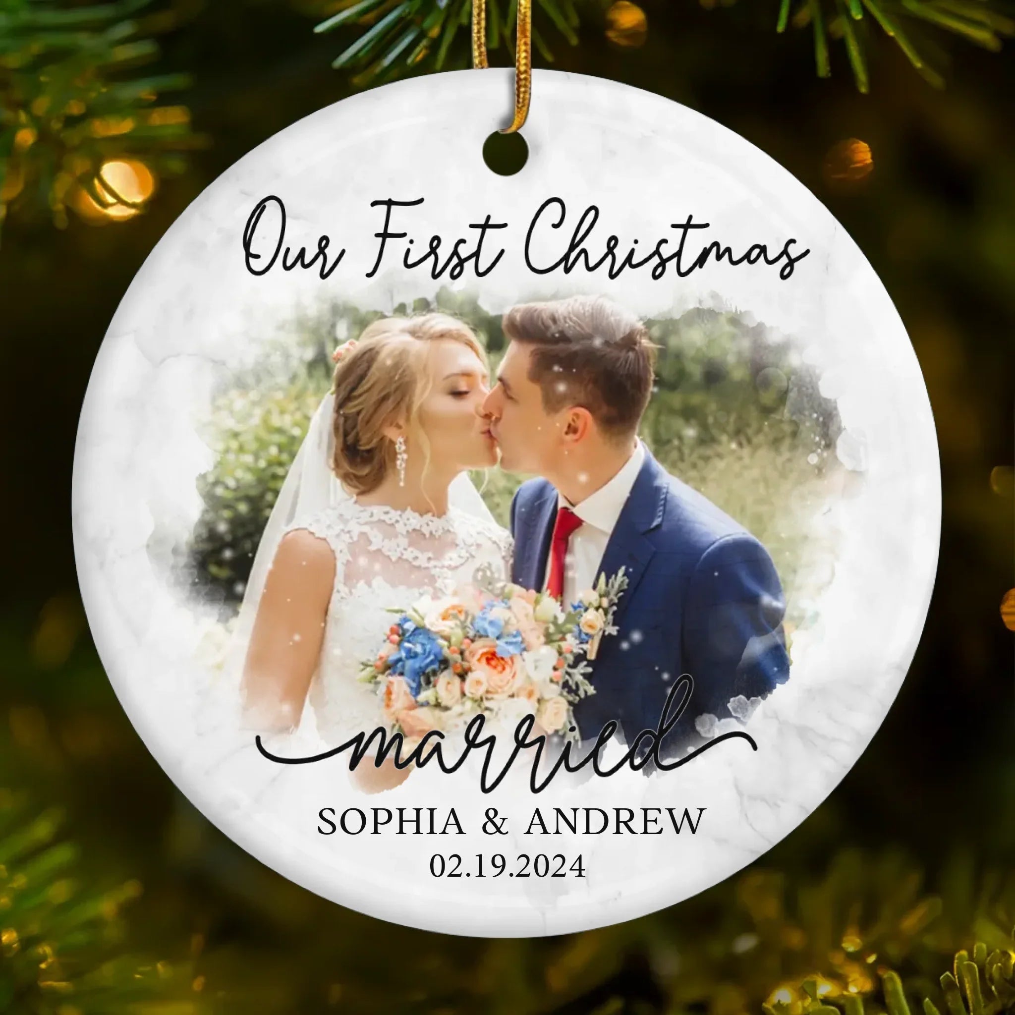 Custom Photo Our First Year Married - Couple Personalized Custom Ornament - Ceramic Round Shaped - Christmas Gift For Husband Wife, Anniversary, First Christmas