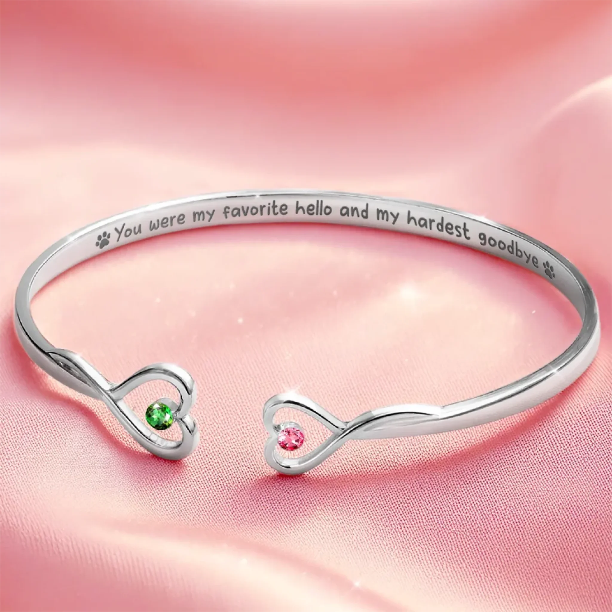 You Were My Favorite Hello And My Hardest Goodbye - Memorial Personalized Custom Engraved Infinity Heart Bangle With Birthstones - Sympathy Gift For Pet Owners, Pet Lovers