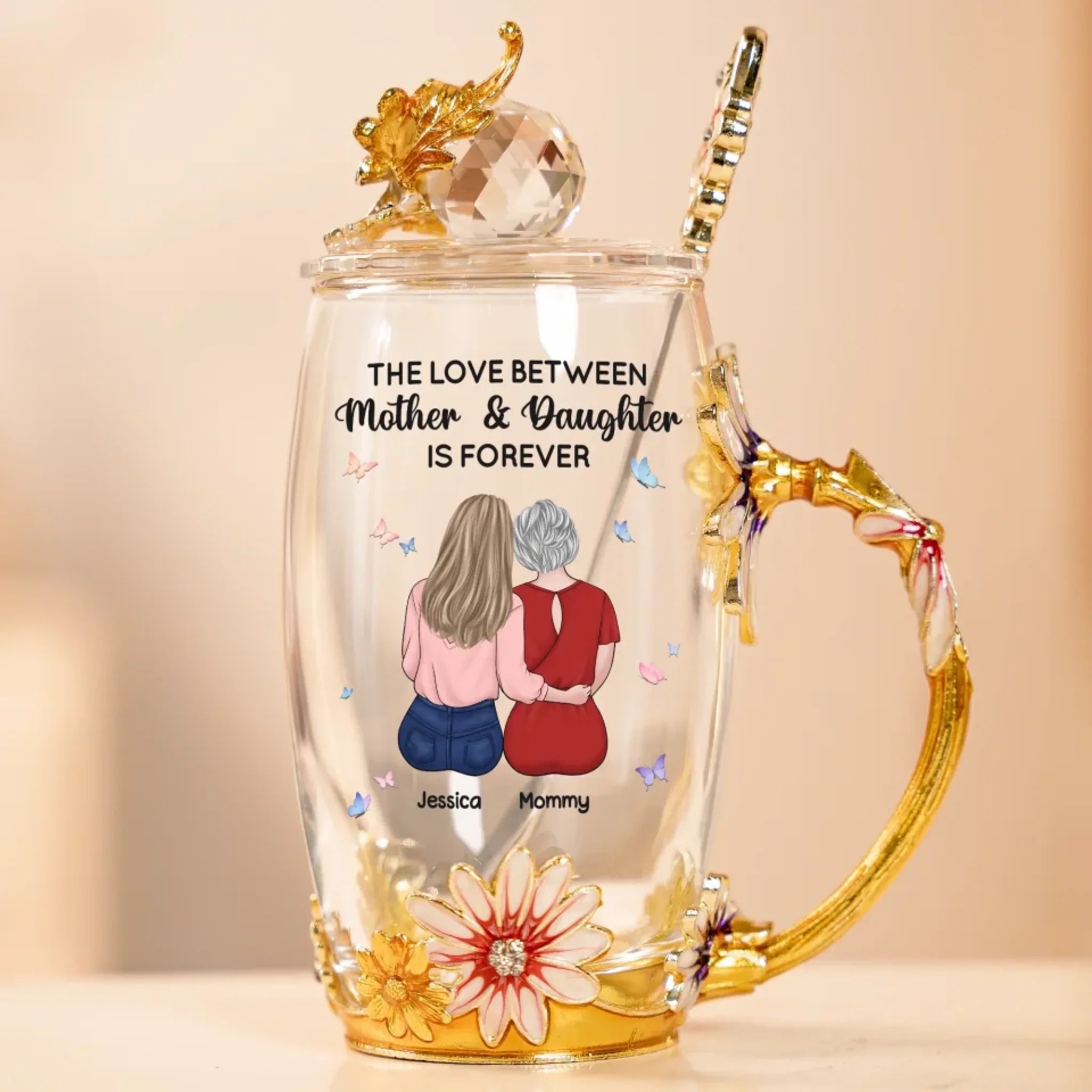 The Love Between Mother And Daughter Is Forever - Family Personalized Custom Enamel Flower Tea Cup With Lid & Spoon - Mother's Day, Gift For Mom