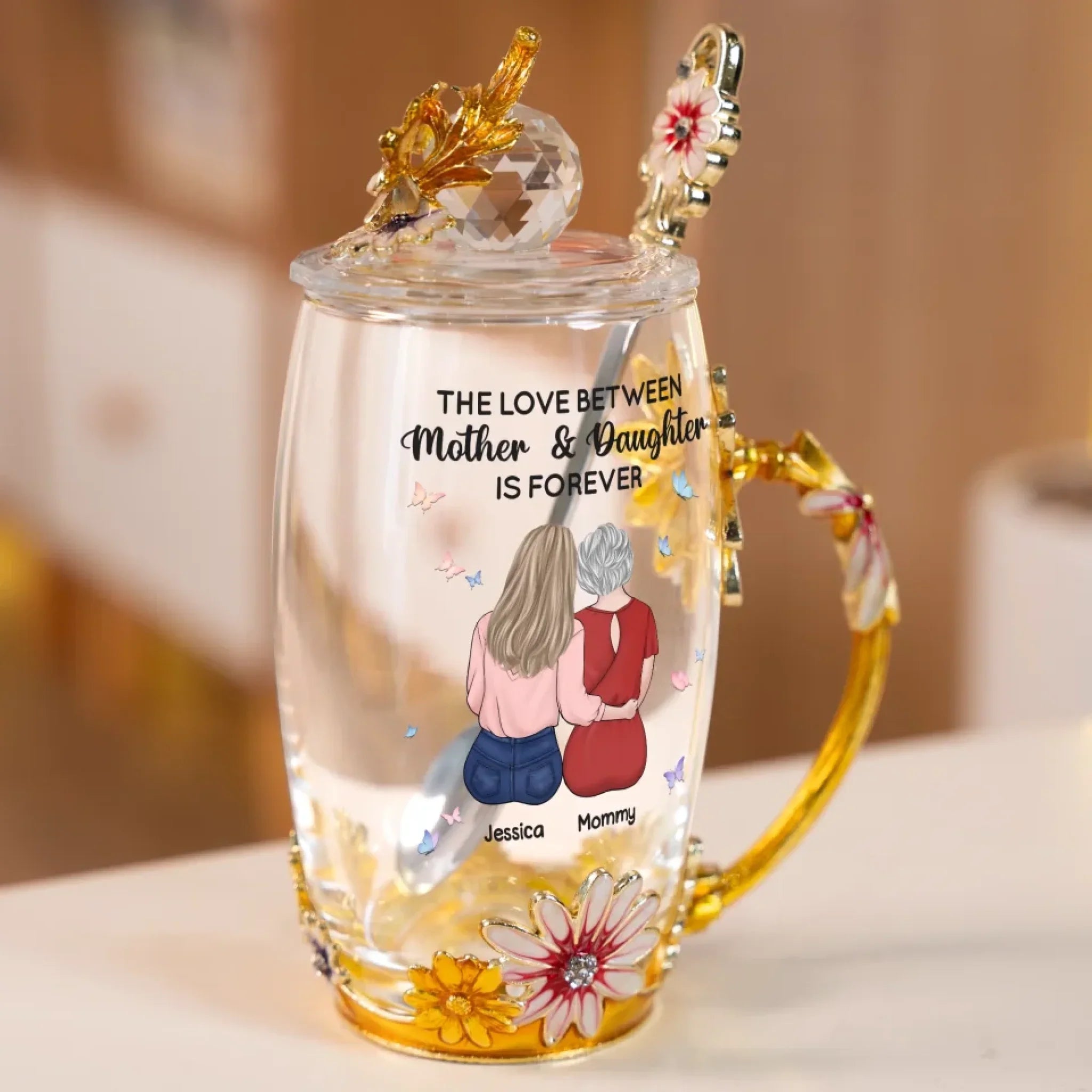 The Love Between Mother And Daughter Is Forever - Family Personalized Custom Enamel Flower Tea Cup With Lid & Spoon - Mother's Day, Gift For Mom