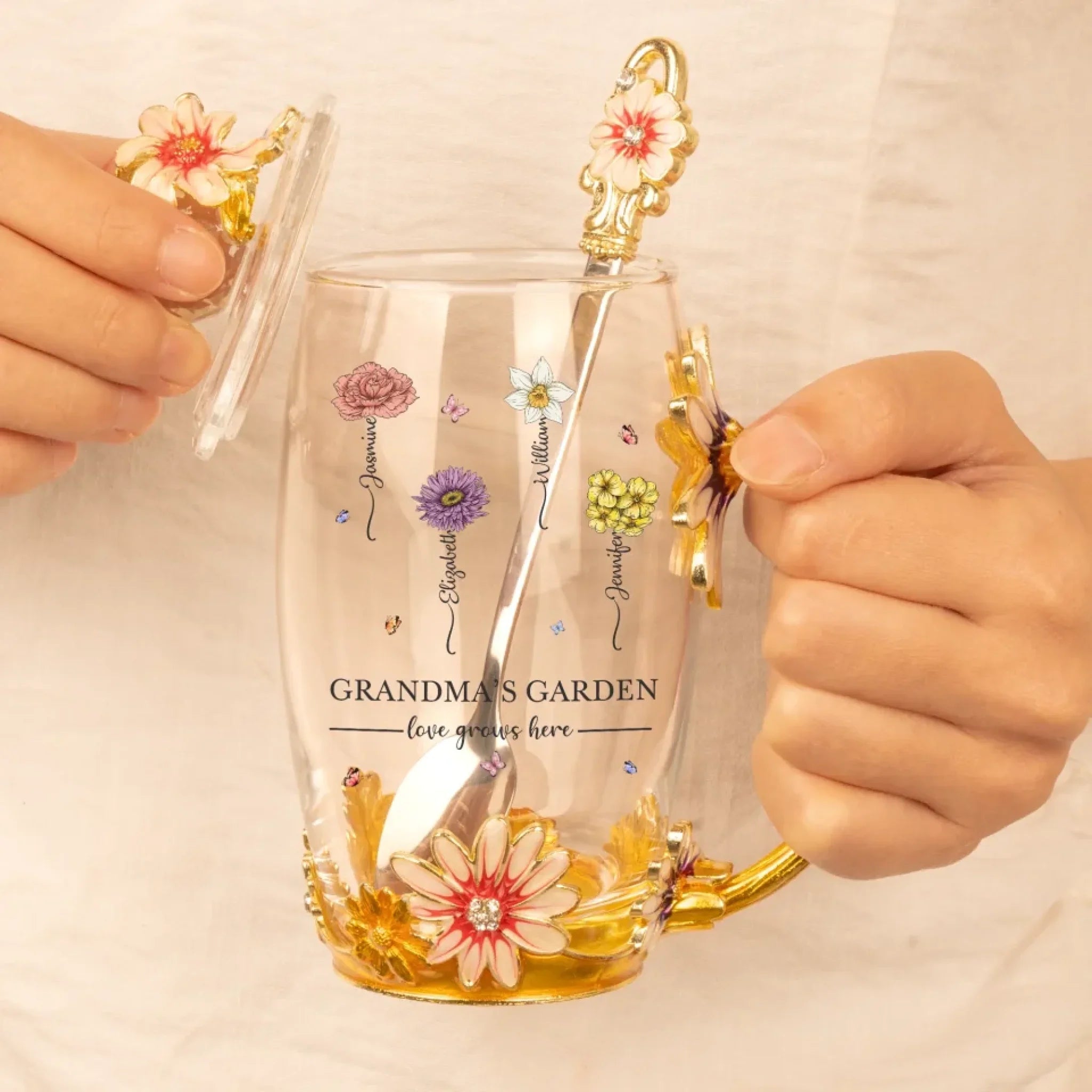 Love Grows Here - Family Personalized Custom Enamel Flower Tea Cup With Lid & Spoon - Mother's Day, Gift For Mom, Grandma