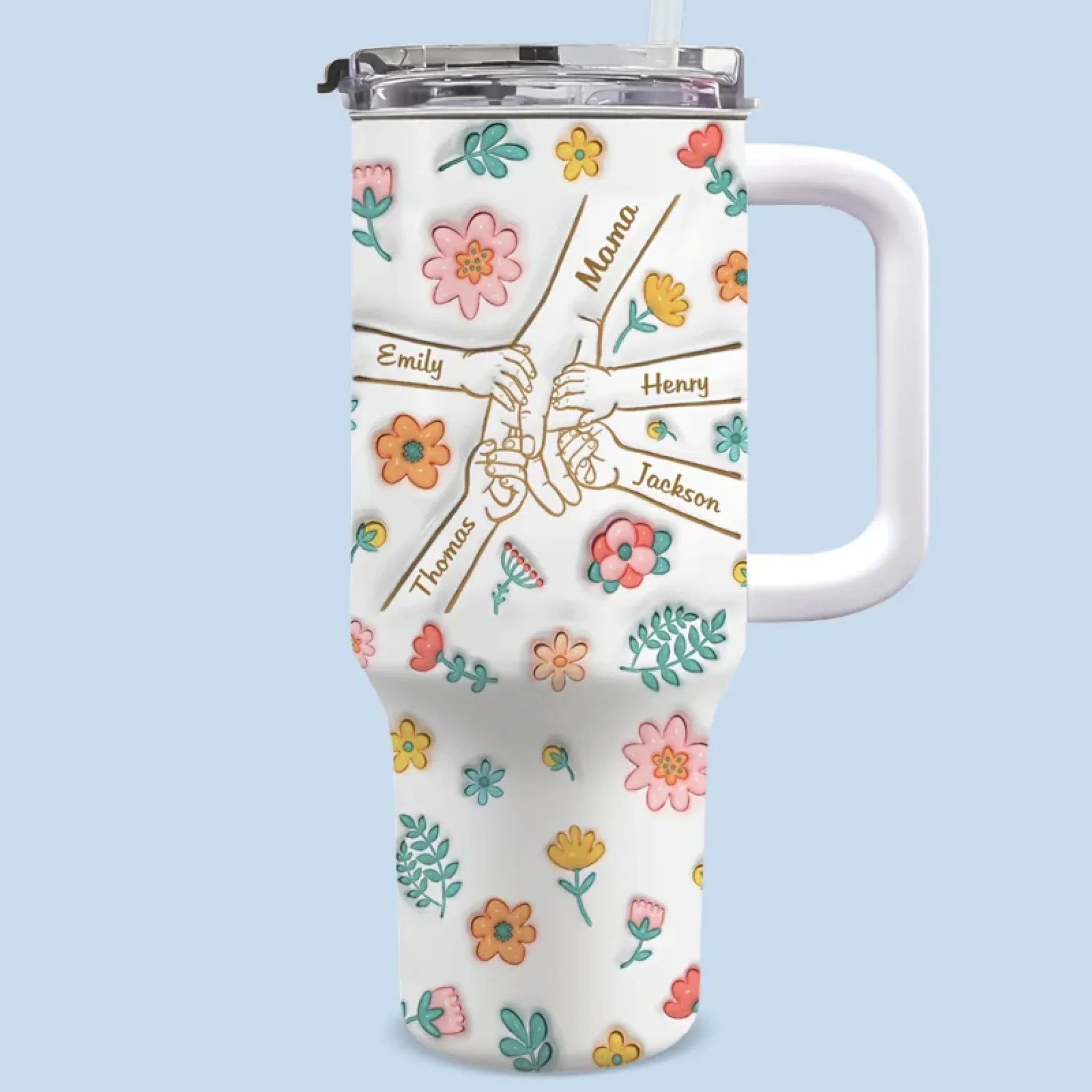 Holding Love, One Sip At A Time - Family Personalized Custom 3D Inflated Effect Printed 40 Oz Stainless Steel Tumbler With Handle - Mother's Day, Gift For Mom, Grandma