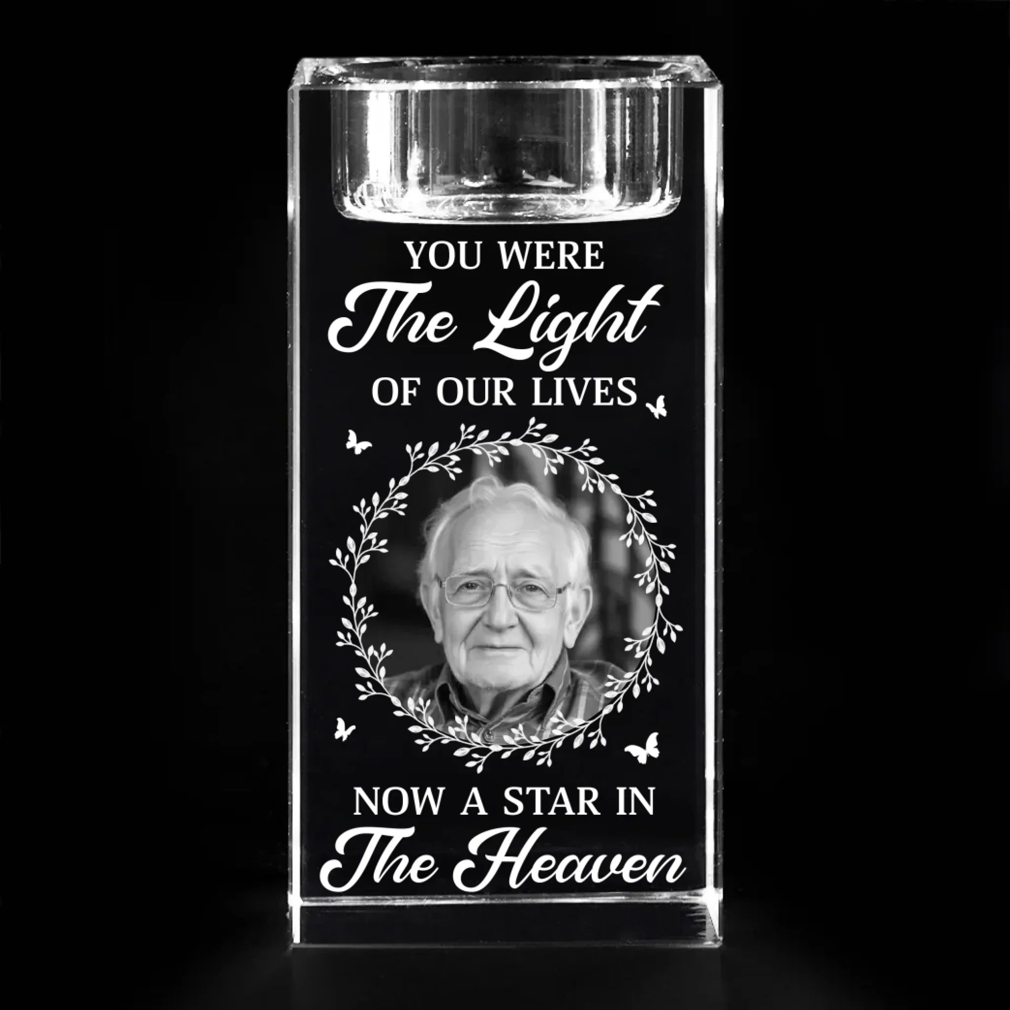 Custom Photo Love Leaves A Memory That Time Cannot Erase - Memorial Personalized Custom 3D Crystal Photo Laser Engraved, Crystal Candle Holder - Sympathy Gift For Family Members