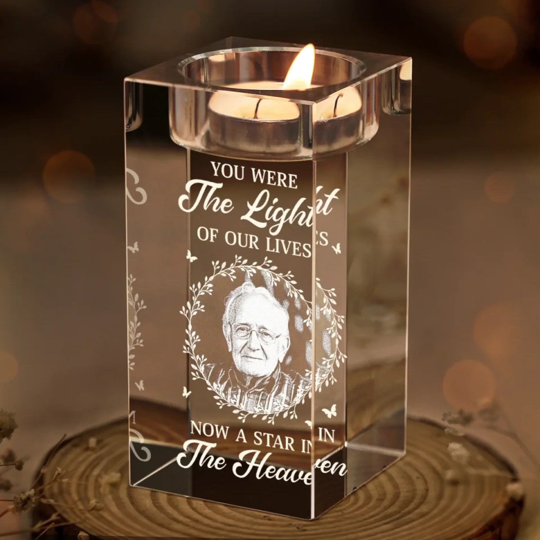 Custom Photo Love Leaves A Memory That Time Cannot Erase - Memorial Personalized Custom 3D Crystal Photo Laser Engraved, Crystal Candle Holder - Sympathy Gift For Family Members