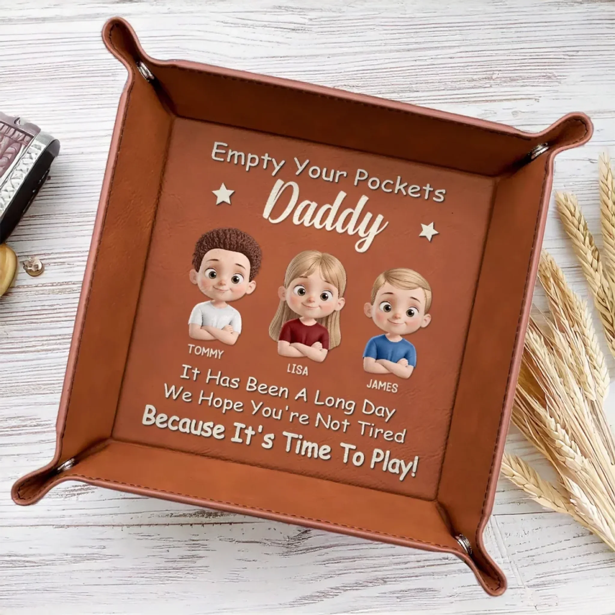Empty Your Pockets, Fill Our Hearts - Family Personalized Custom Leather Valet Tray - Father's Day, Gift For Dad, Grandpa