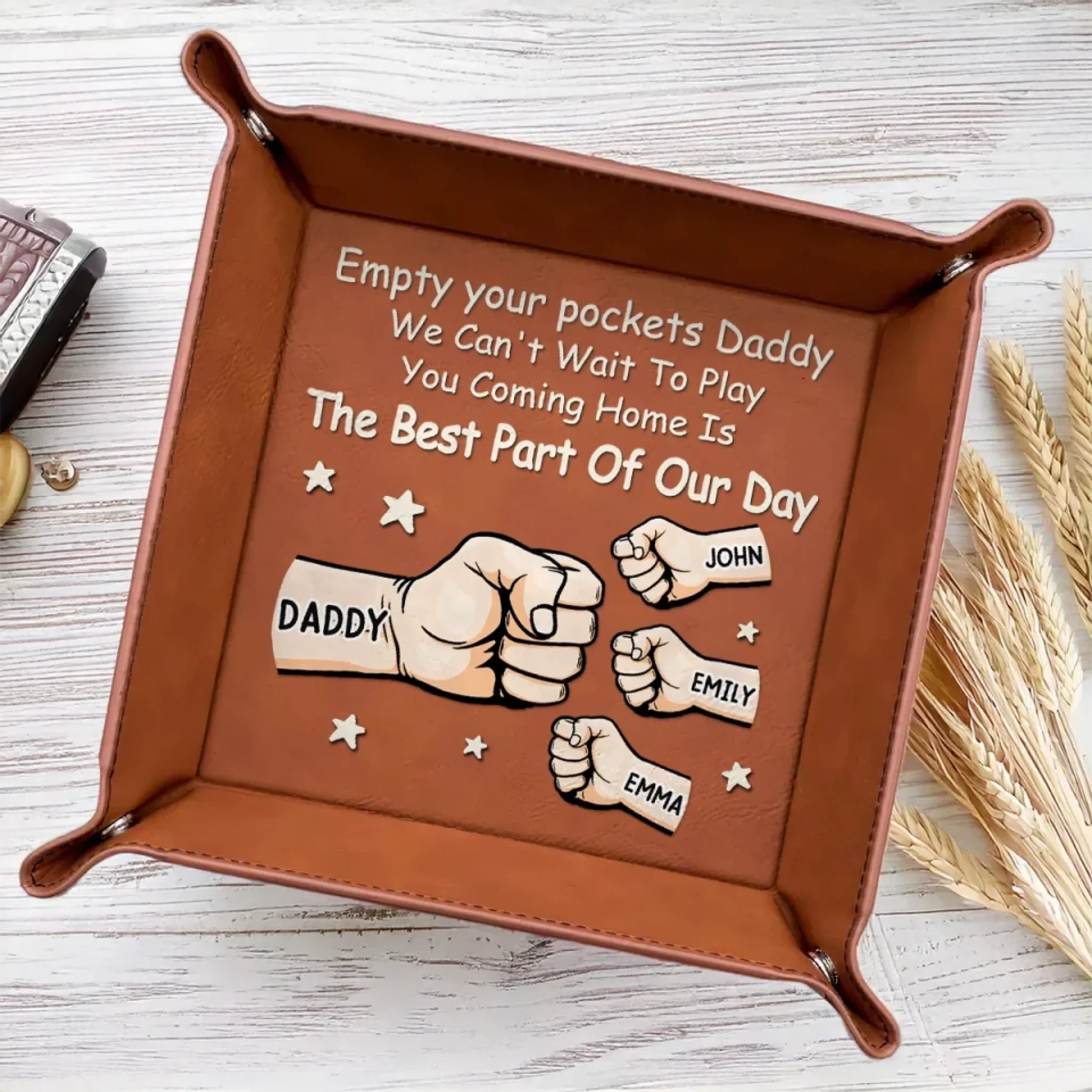 Dad’s Pocket Drop Zone - Family Personalized Custom Leather Valet Tray - Father's Day, Gift For Dad, Grandpa