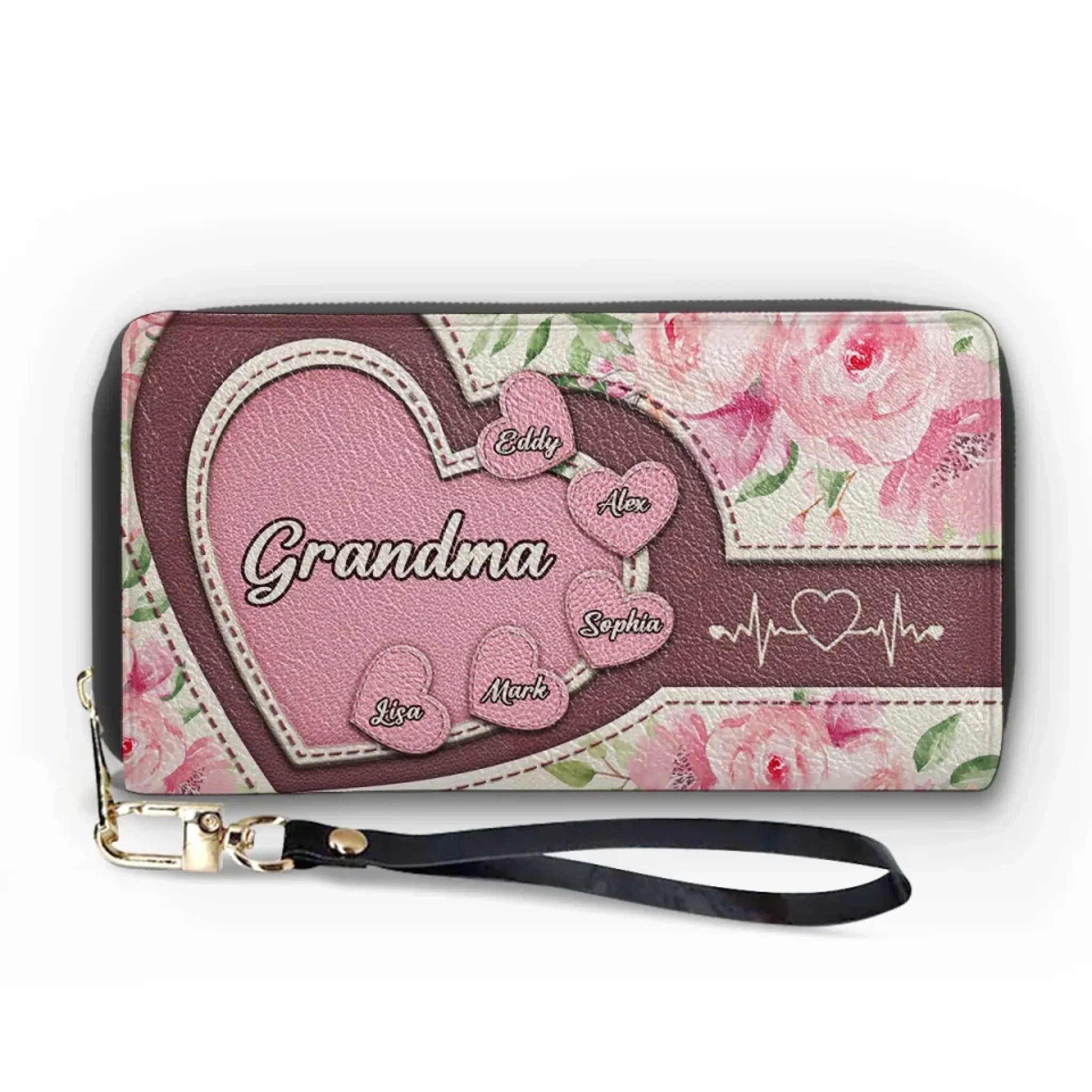 Wrapped In Grandma’s Heartstrings - Family Personalized Custom Leather Long Wallet - Mother's Day, Gift For Mom, Grandma