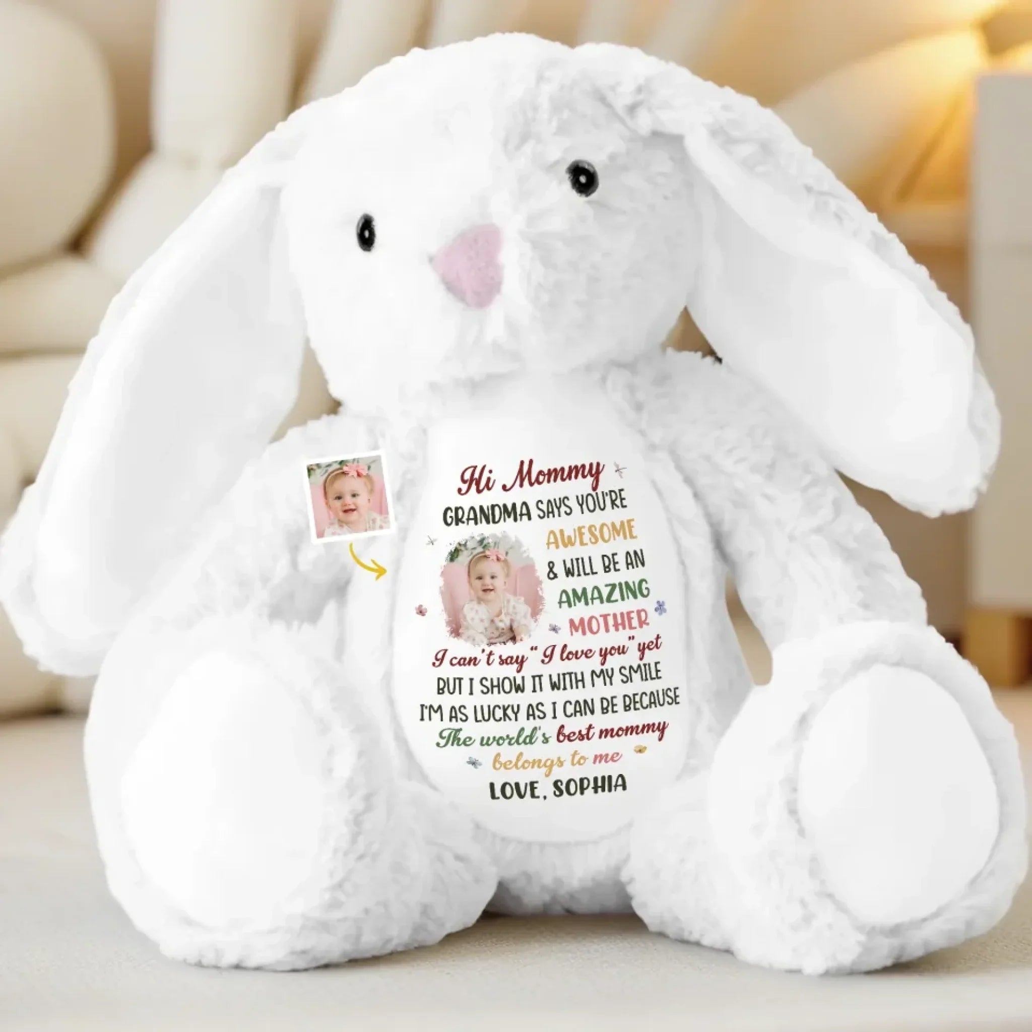 Custom Photo Hi Mommy, You’re Already The Best - Family Personalized Custom Easter Bunny Plush - Mother's Day, Baby Shower Gift, Gift For First Mom