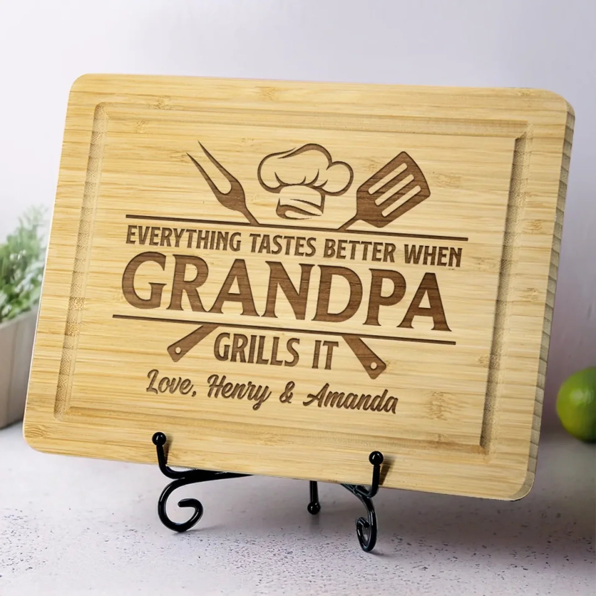 Everything Tastes Better When Grandpa Grills It - Family Personalized Custom Engraved Wooden Cutting Board - Father's Day, Gift For Dad, Grandpa