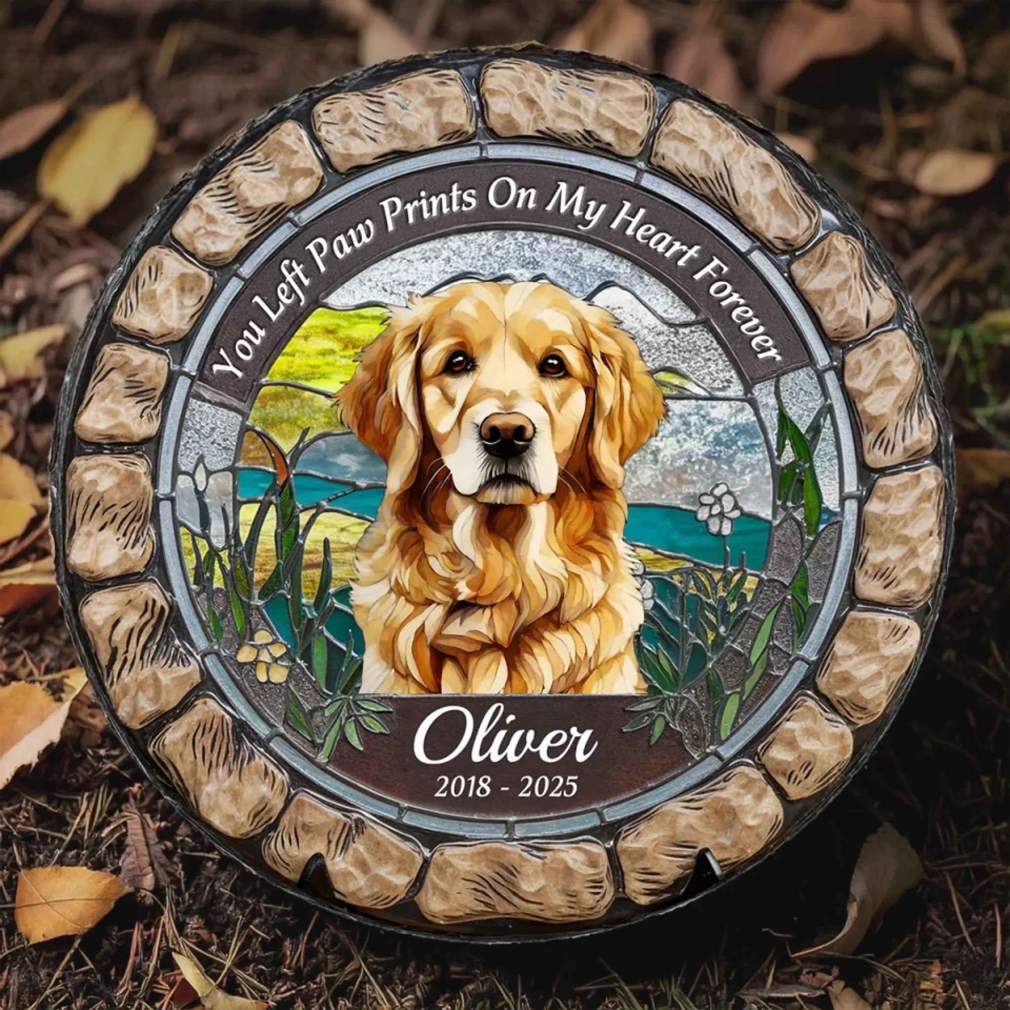 Custom Photo You Left Paw Prints On My Heart Forever - Memorial Personalized Custom 3D Mosaic Faux Stained Glass Print Round Shaped Memorial Stone - Sympathy Gift For Pet Owners, Pet Lovers