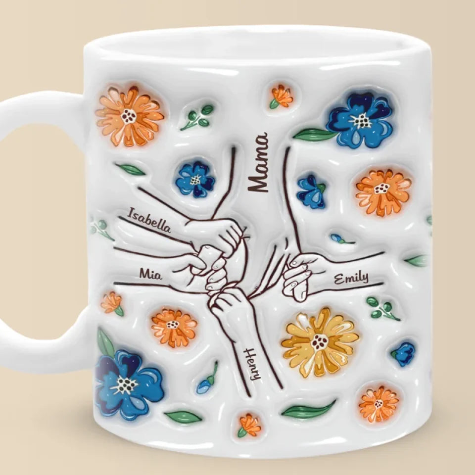 Hand In Hand, Heart To Mom - Family Personalized Custom 3D Inflated Effect Printed Mug - New Arrival, Mother's Day, Gift For Mom, Grandma