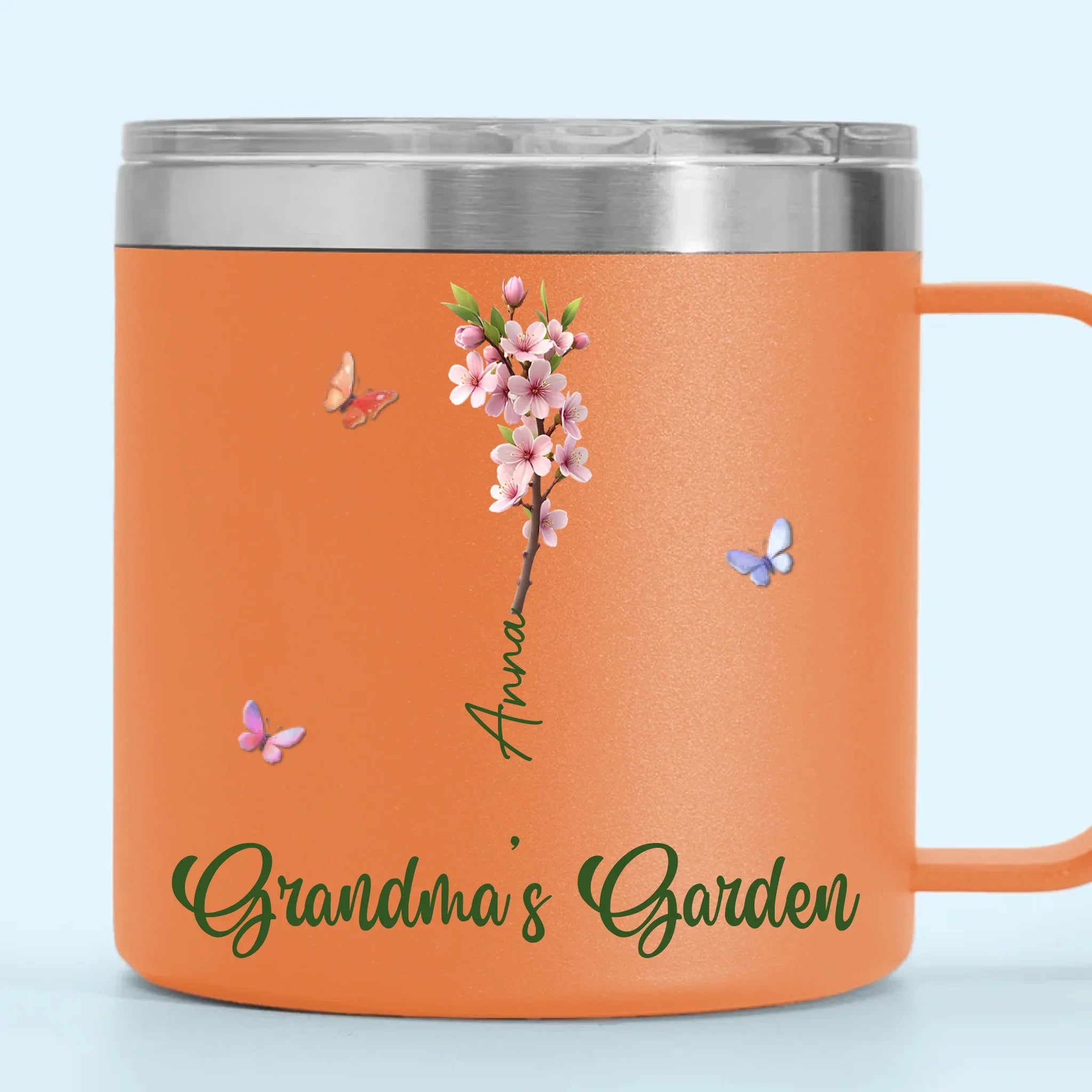 Her Garden Grows With Laughter & Little Feet - Family Personalized Custom 14oz Stainless Steel Tumbler With Handle - Mother's Day, Gift For Mom, Grandma