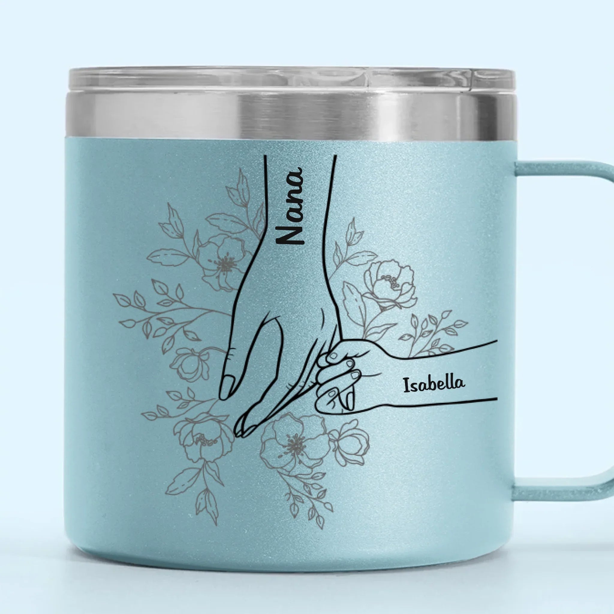 Forever Her Children, Forever In Her Hands - Family Personalized Custom 14oz Stainless Steel Tumbler With Handle - Mother's Day, Gift For Mom, Grandma