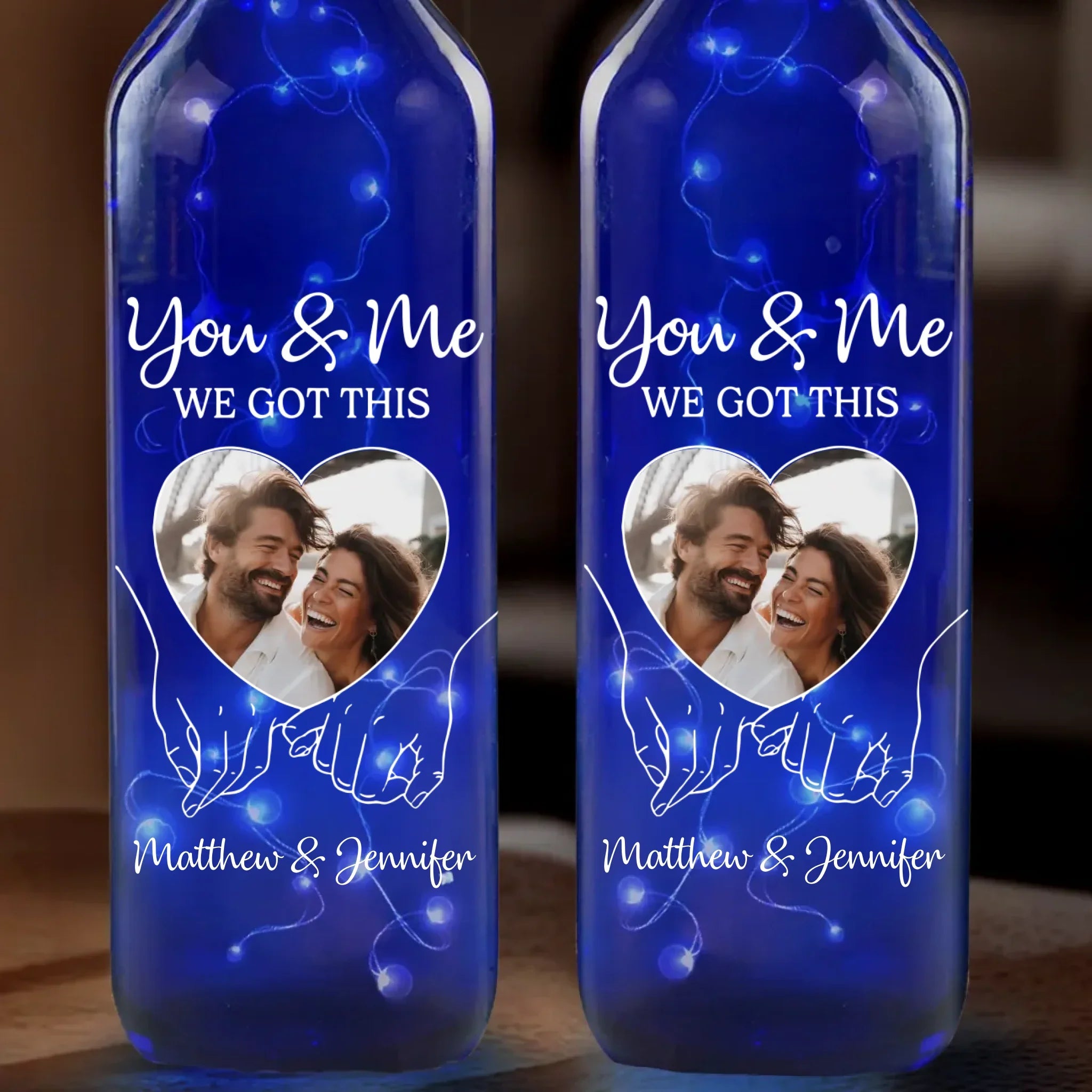 Custom Photo You & Me That’s The Magic - Couple Personalized Custom Blue Bottle Lamp - Gift For Husband Wife, Anniversary
