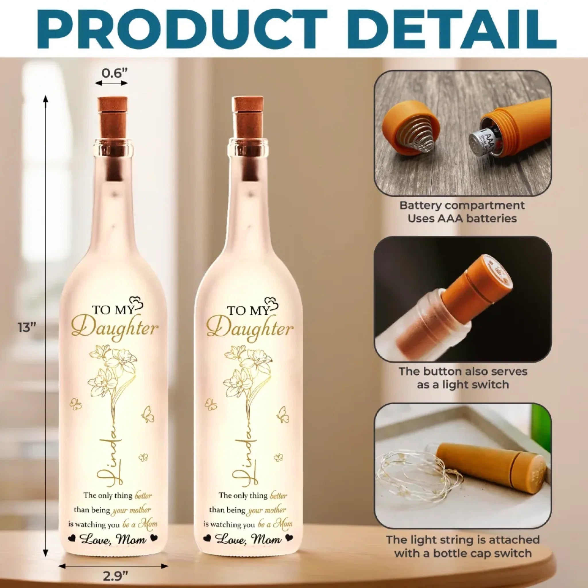 To My Beautiful Daughter - Family Personalized Custom Bottle Lamp - Mother's Day, Gift For Mom, Daughter