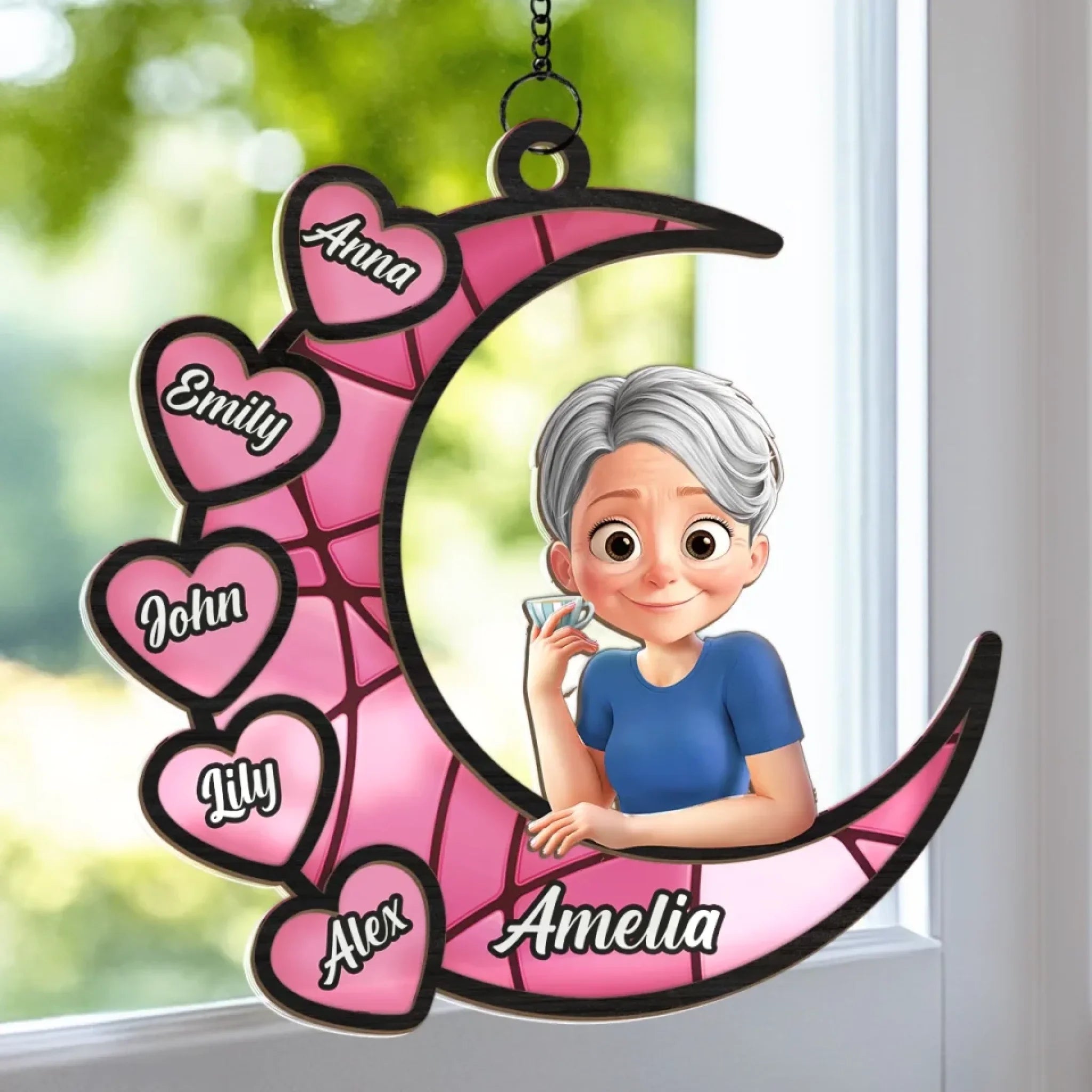 Love You To the Moon & Back - Family Personalized Window Hanging Suncatcher Ornament - Mother's Day, Gift For Mom, Grandma