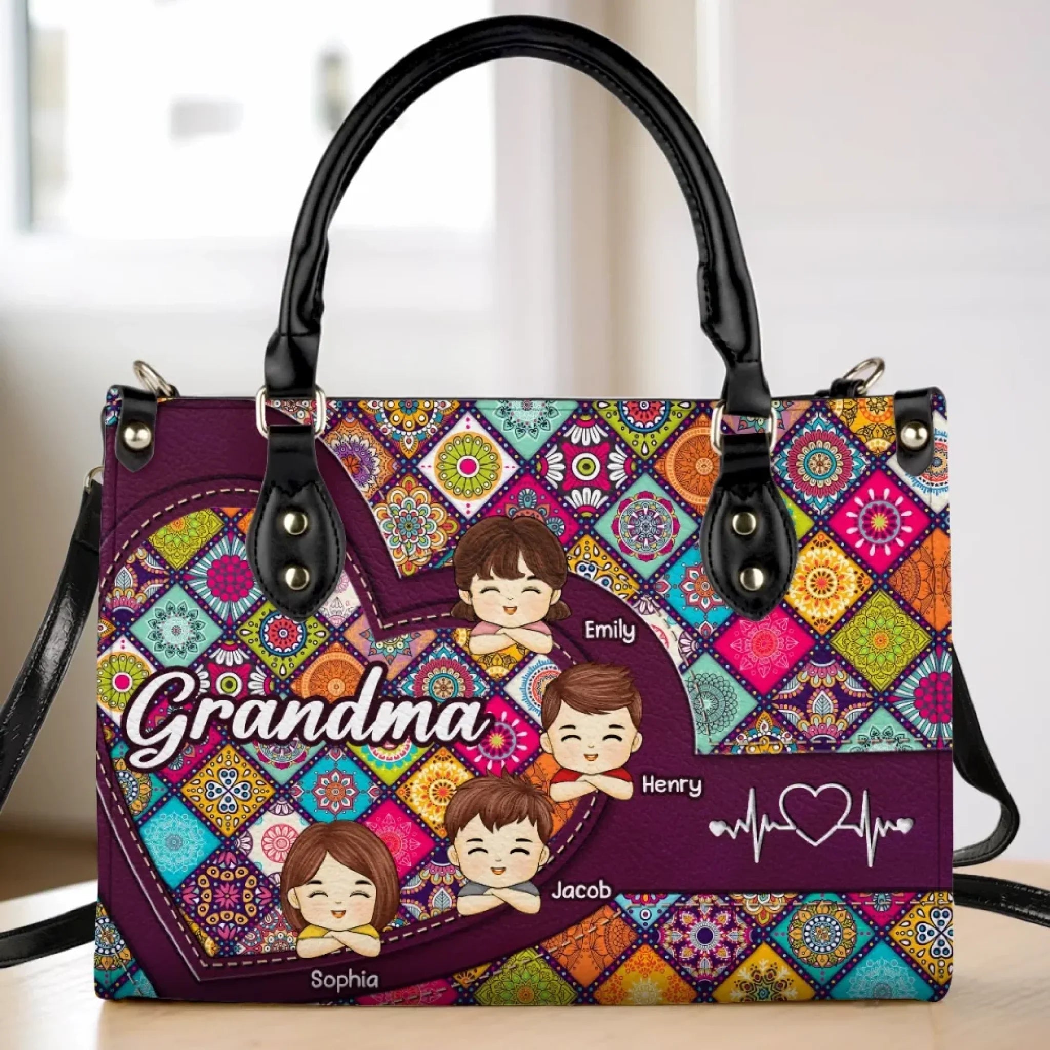 Love, Laughter, And Grandma - Family Personalized Custom Leather Handbag - Mother's Day, Gift For Mom, Grandma
