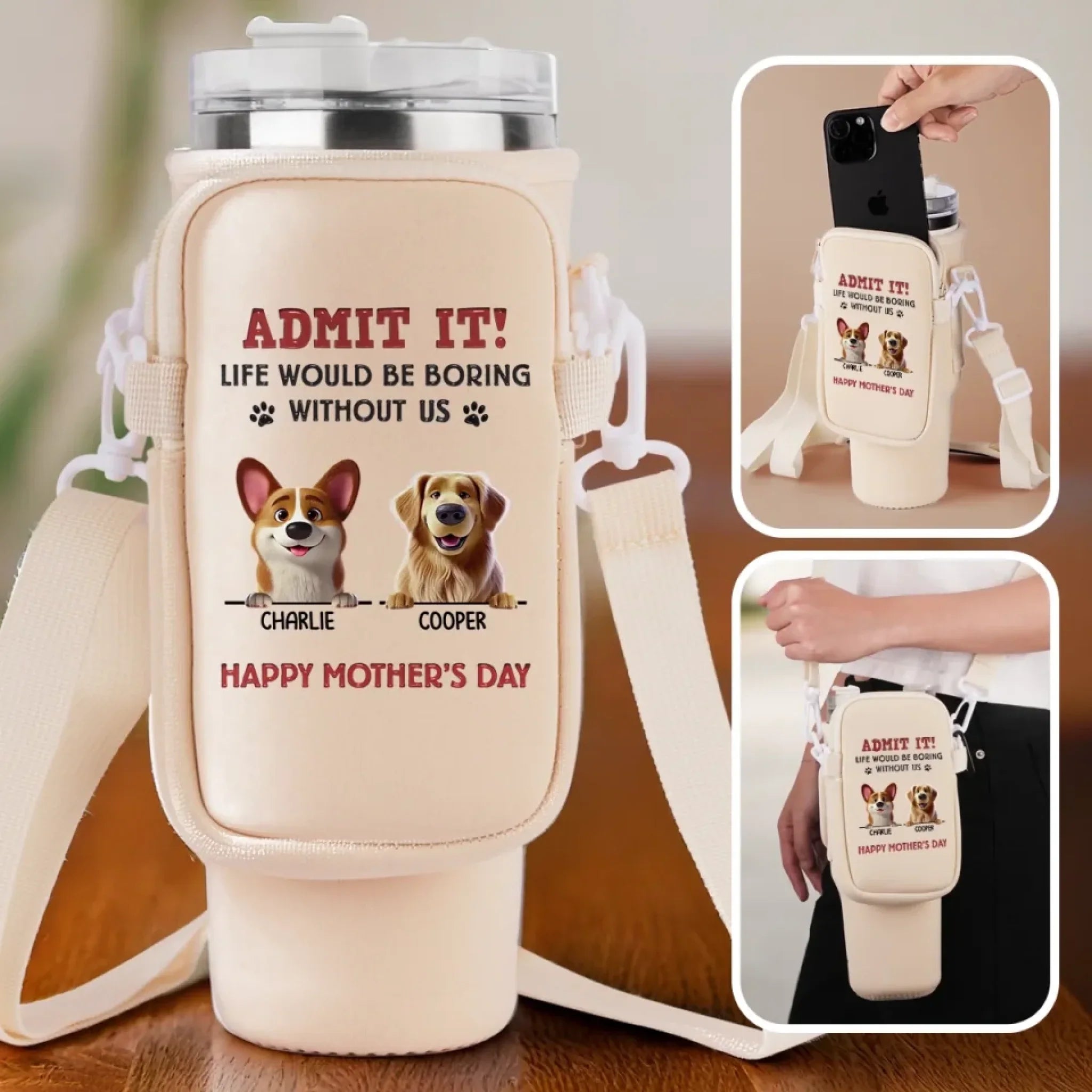 My Love Comes With Fur And A Tail Wag - Dog Personalized Custom Neoprene Water Bottle Carrier With Pocket - Mother's Day, Gift For Pet Owners, Pet Lovers