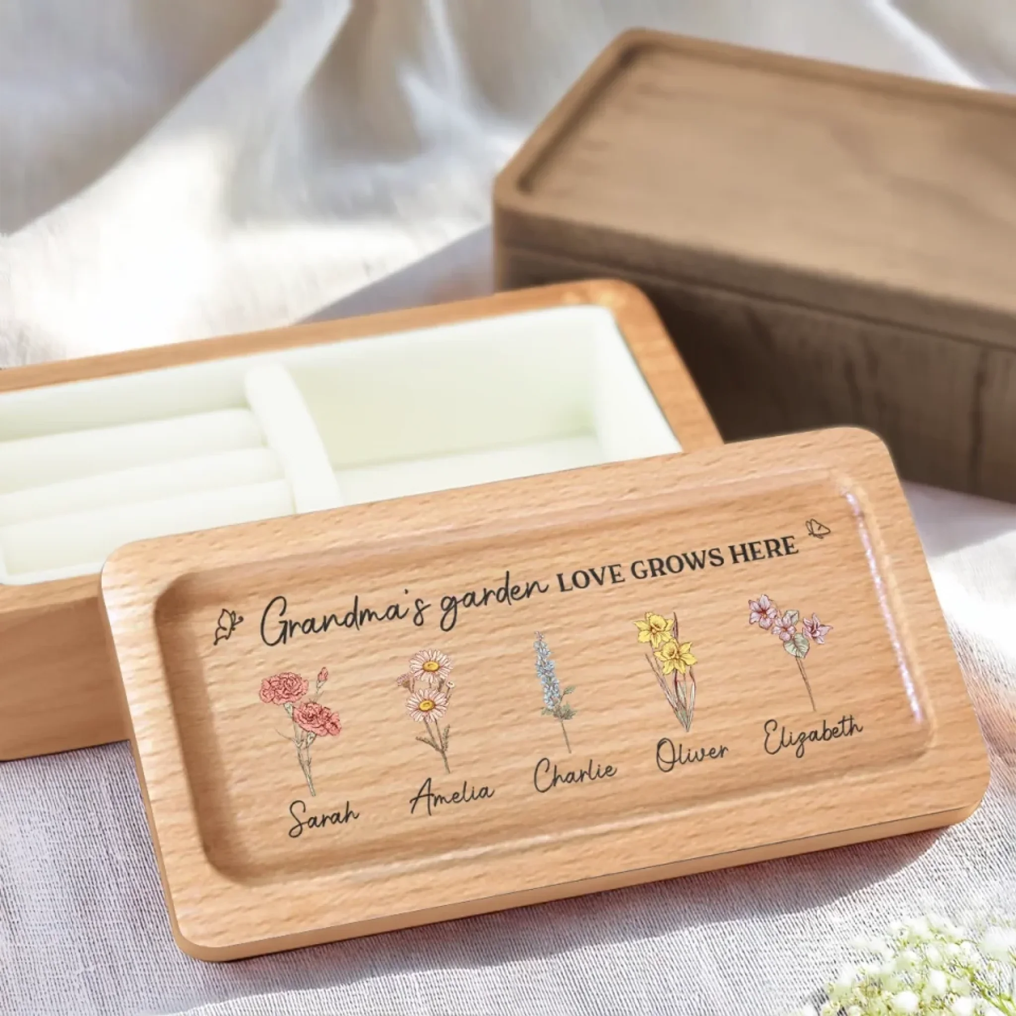 Grandma's Favorite Garden - Family Personalized Custom Wooden Jewelry Box - Mother's Day, Gift For Mom, Grandma