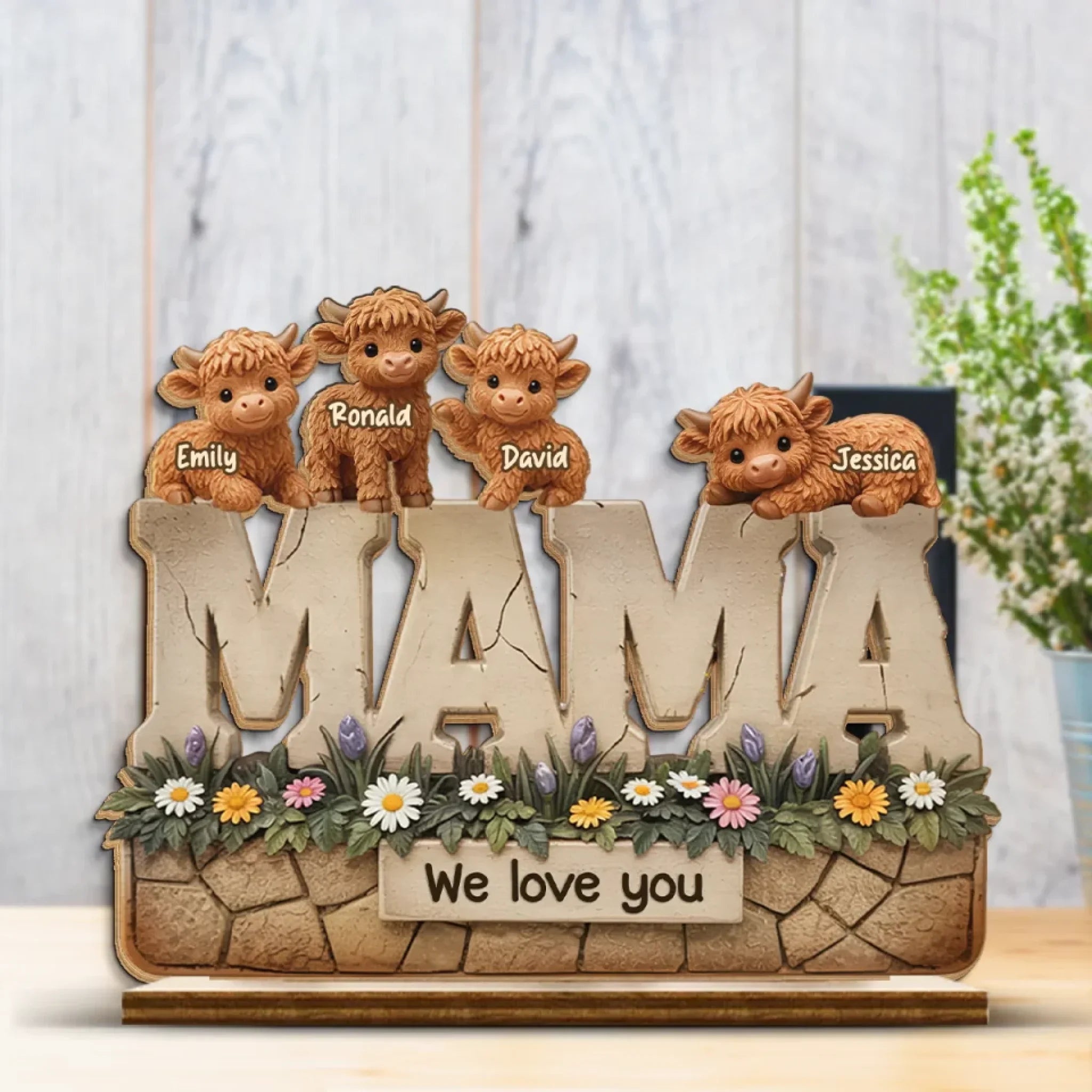 Moo-Made With Love - Family Personalized Custom Shaped 2-Layered Wooden Plaque With Flat Stand - Mother's Day, House Warming Gift For Mom
