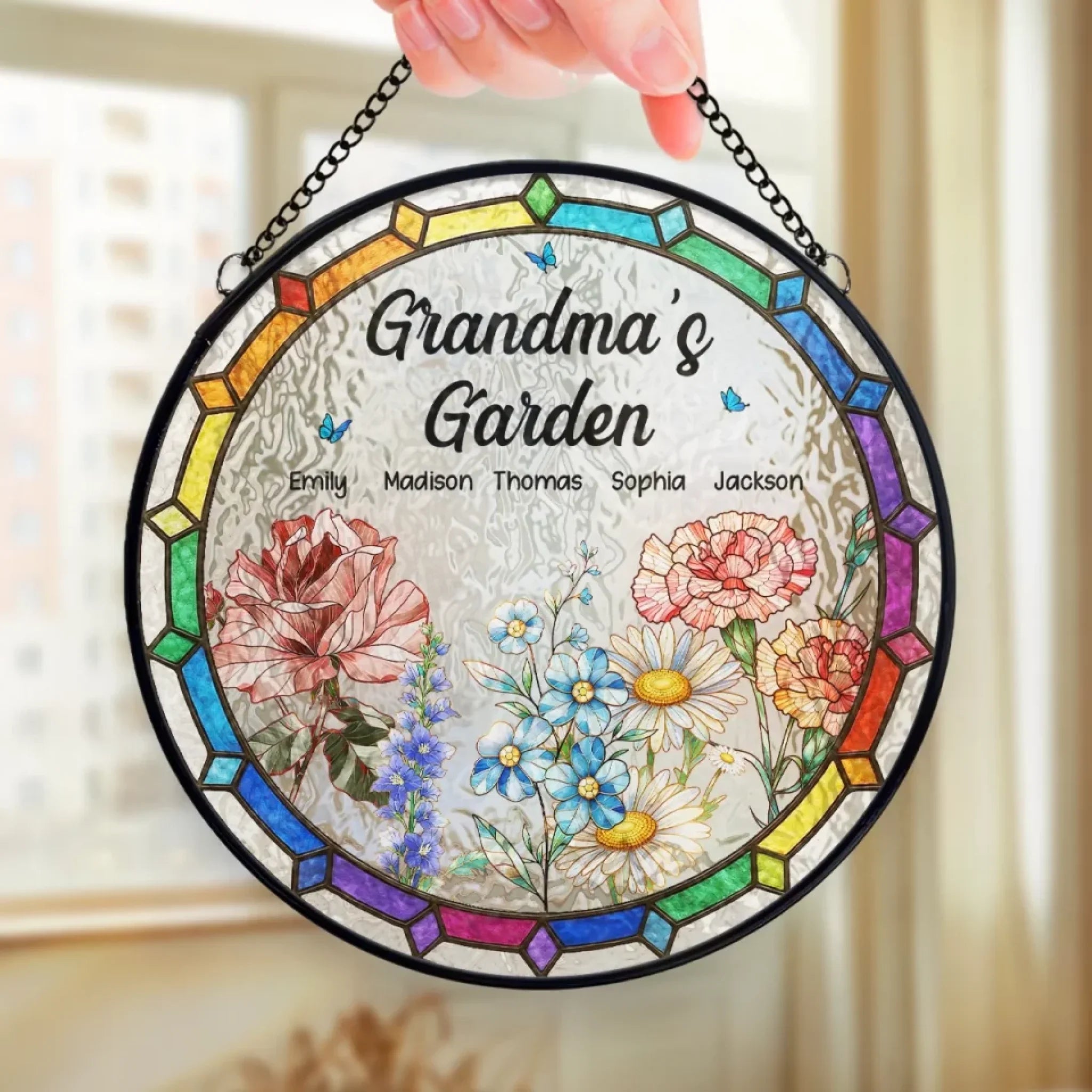 Grandma's Favorite Garden - Family Personalized Custom Stained Glass Window Hanging Suncatcher - Mother's Day, Gift For Mom, Grandma