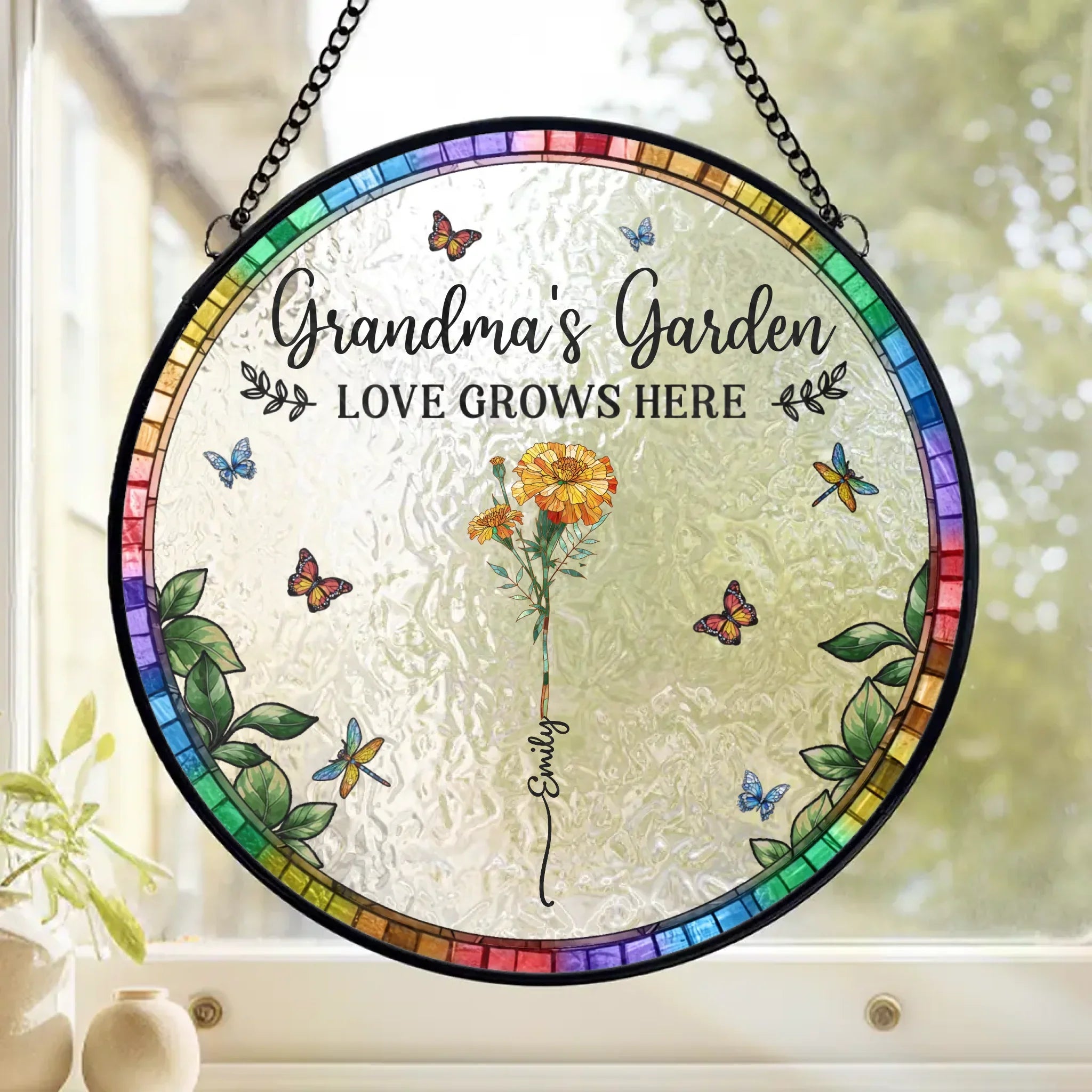 Love Grows In Every Mother’s Heart - Family Personalized Custom Stained Glass Window Hanging Suncatcher - Mother's Day, Gift For Mom, Grandma