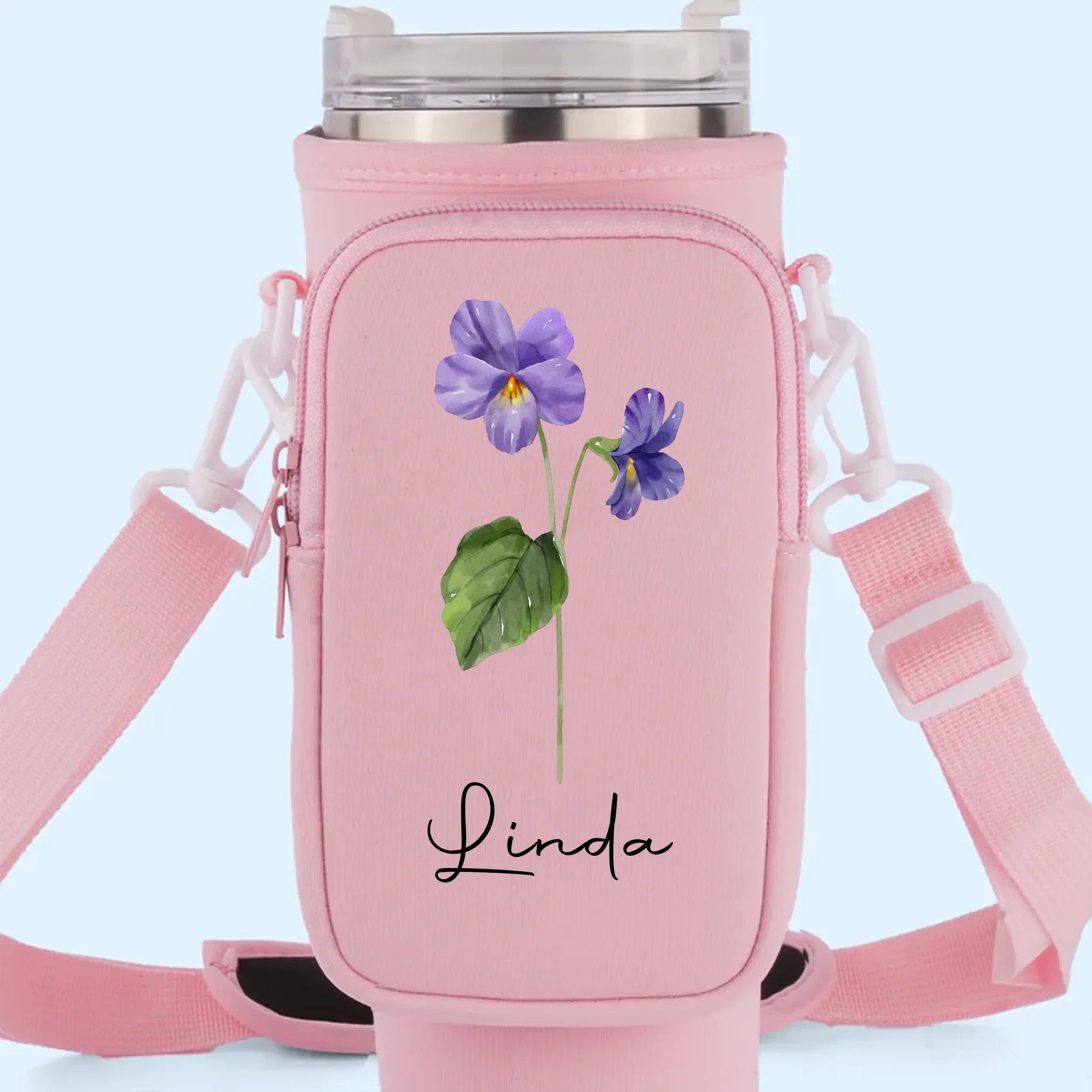 Bloom With Grace - Family Personalized Custom Neoprene Water Bottle Carrier With Pocket - Gift For Yourself, Best Friends, Siblings, Family Members