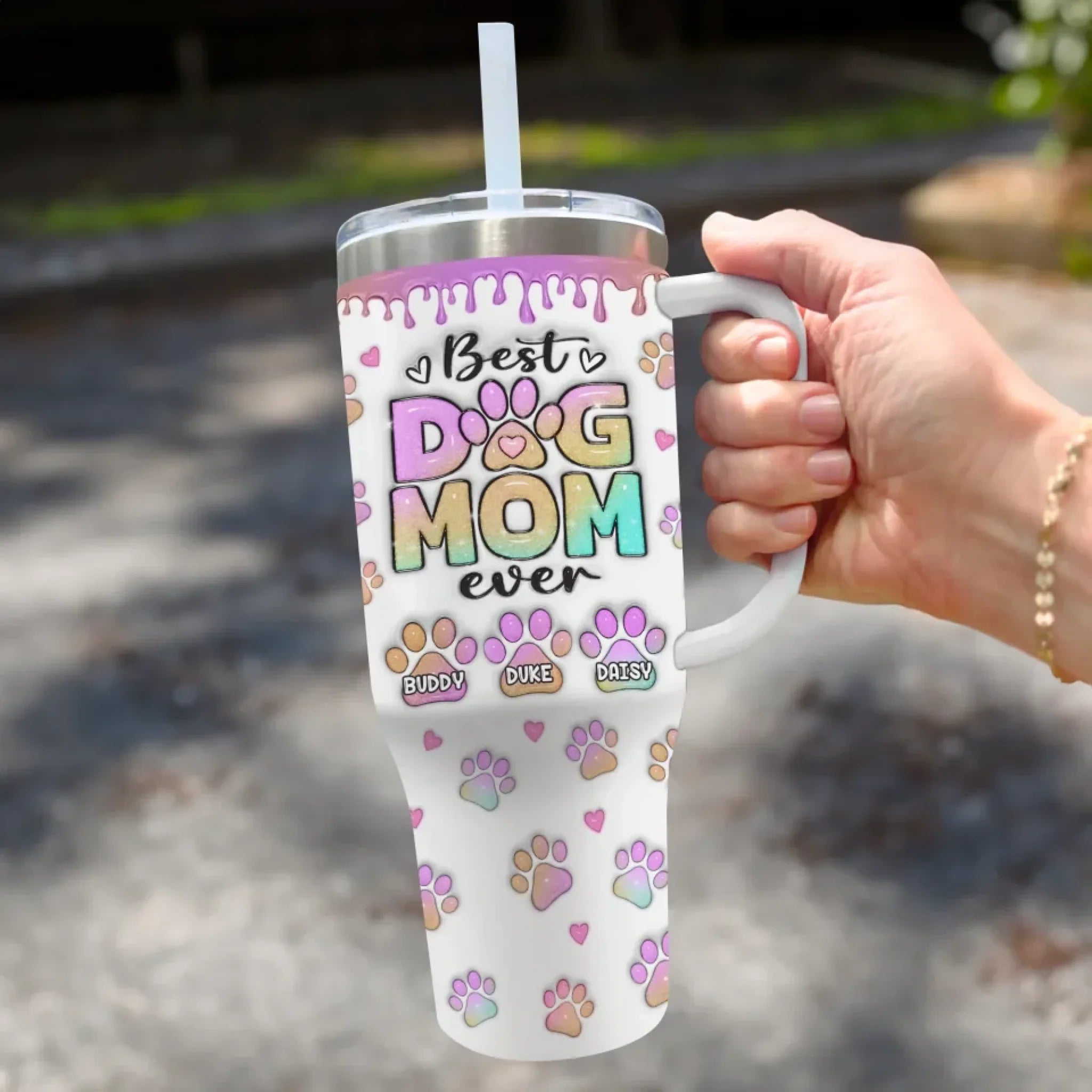 My Heart Belongs To My Furry Babies - Dog Personalized Custom 3D Inflated Effect Printed 40 Oz Stainless Steel Tumbler With Handle - Gift For Pet Owners, Pet Lovers
