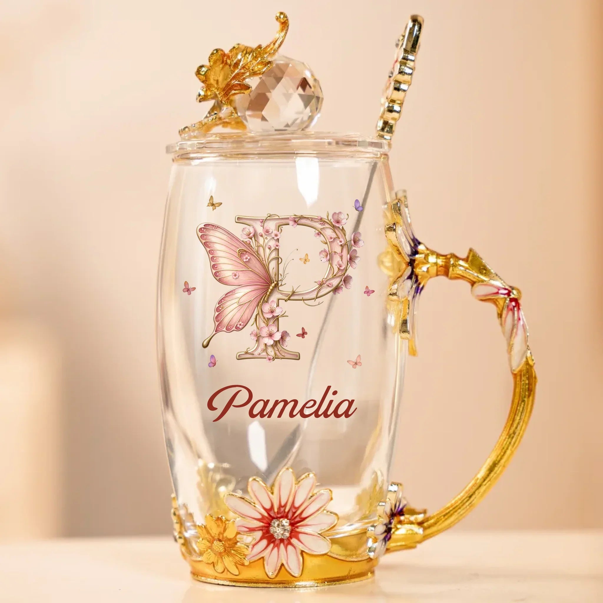 Bloom With Grace - Family Personalized Custom Enamel Flower Tea Cup With Lid & Spoon - Gift For Yourself, Best Friends, Siblings, Family Members